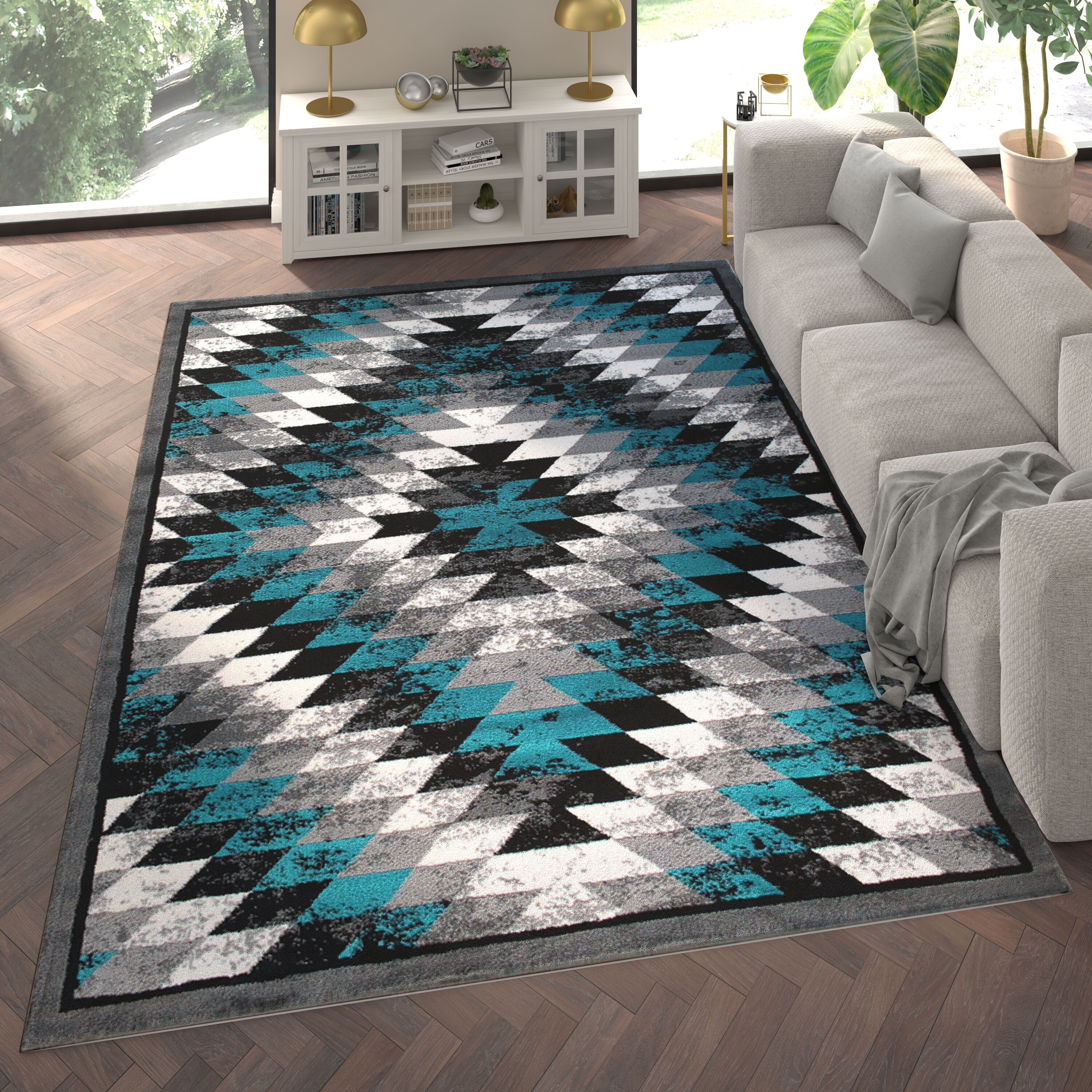 Emma + Oliver 840196370026 Tucson 8x10 Distressed Southwestern Diamond Motif Plush Pile Olefin Accent Rug in Turquoise; Beige; Brown and Black - Jute Backing
