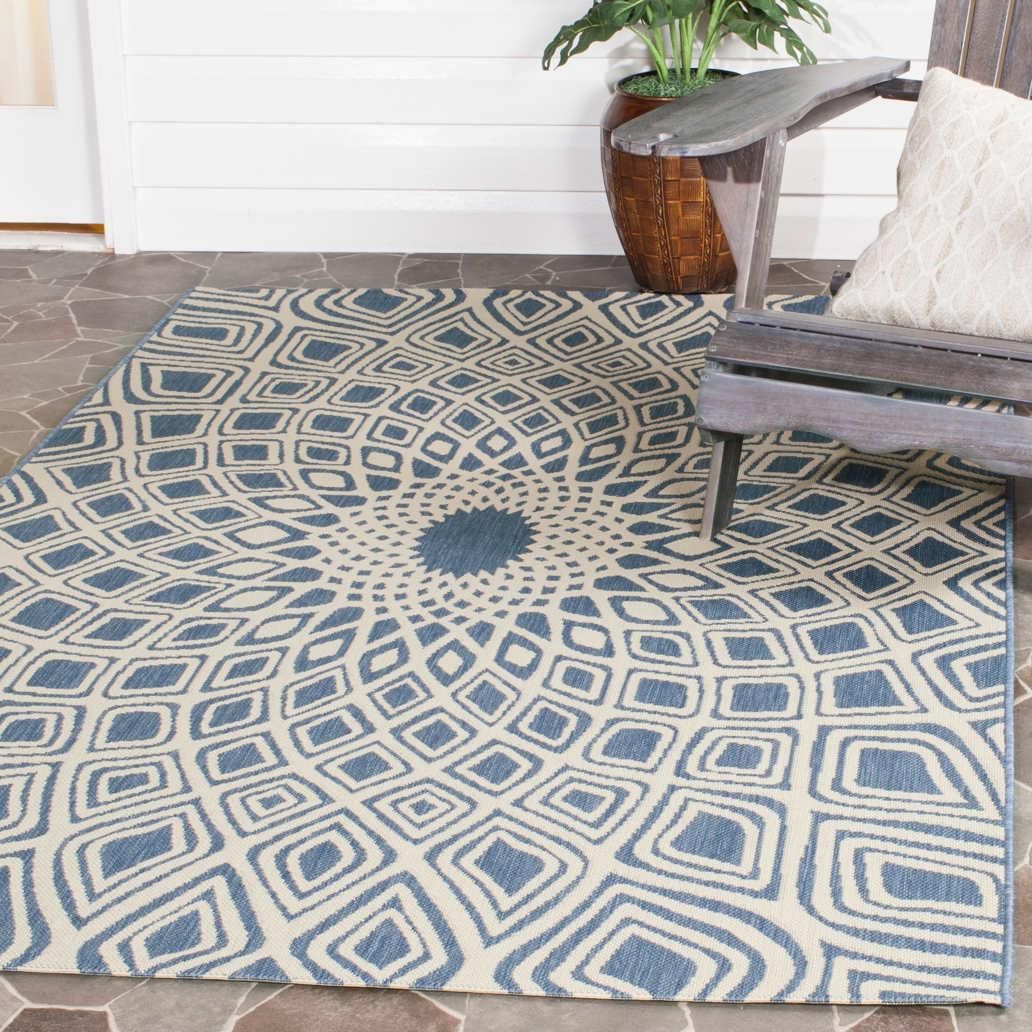 Safavieh CY6616-23321-3 Courtyard Alfort 3 x 5 (ft) Loomed Polypropylene Blue/Beige Rectangular Indoor/Outdoor Abstract Coastal Throw rug