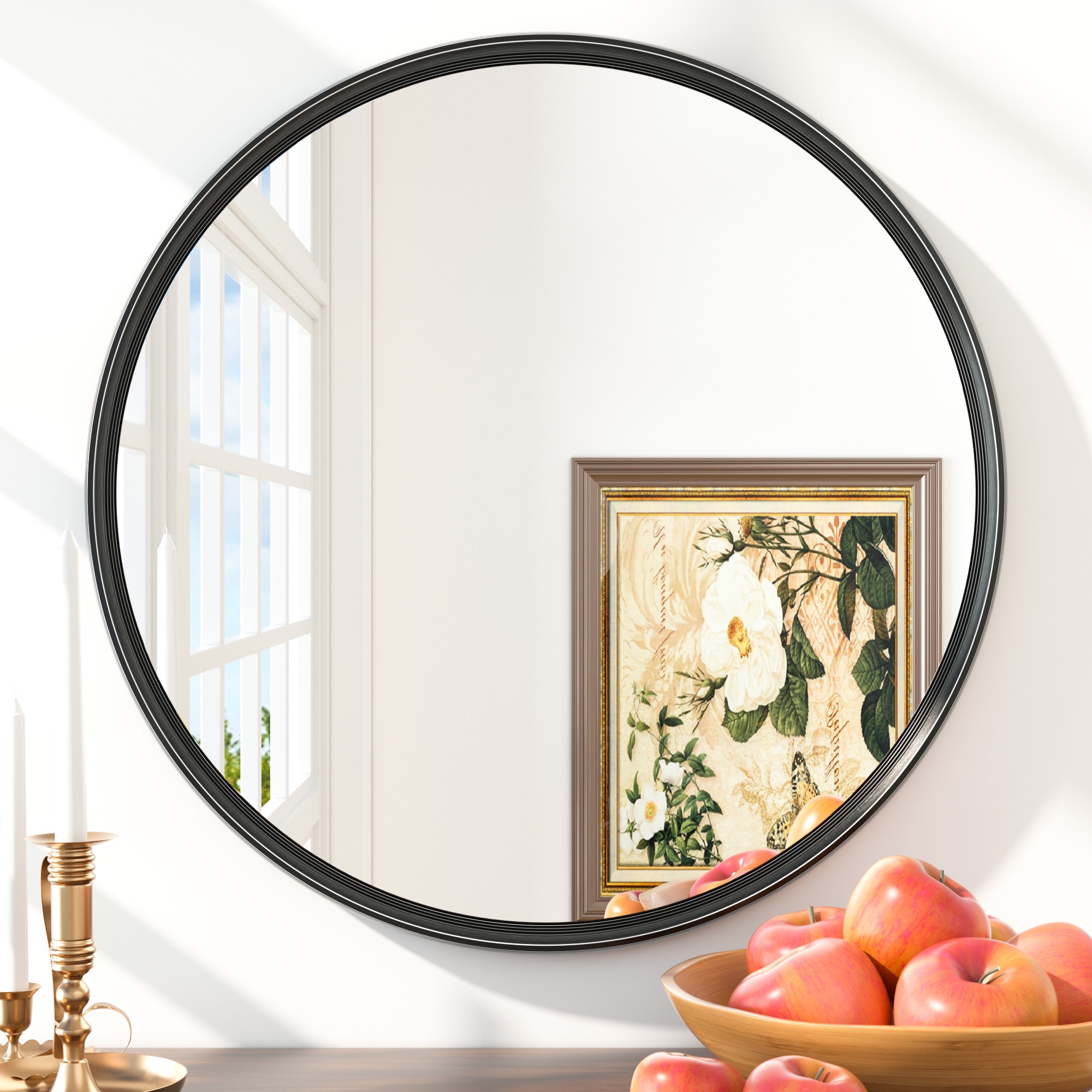 Keonjinn LW-YX18-R61BK Bathroom Mirrors 24-in W x 24-in H Round Matte Black Beveled Wall Mirror