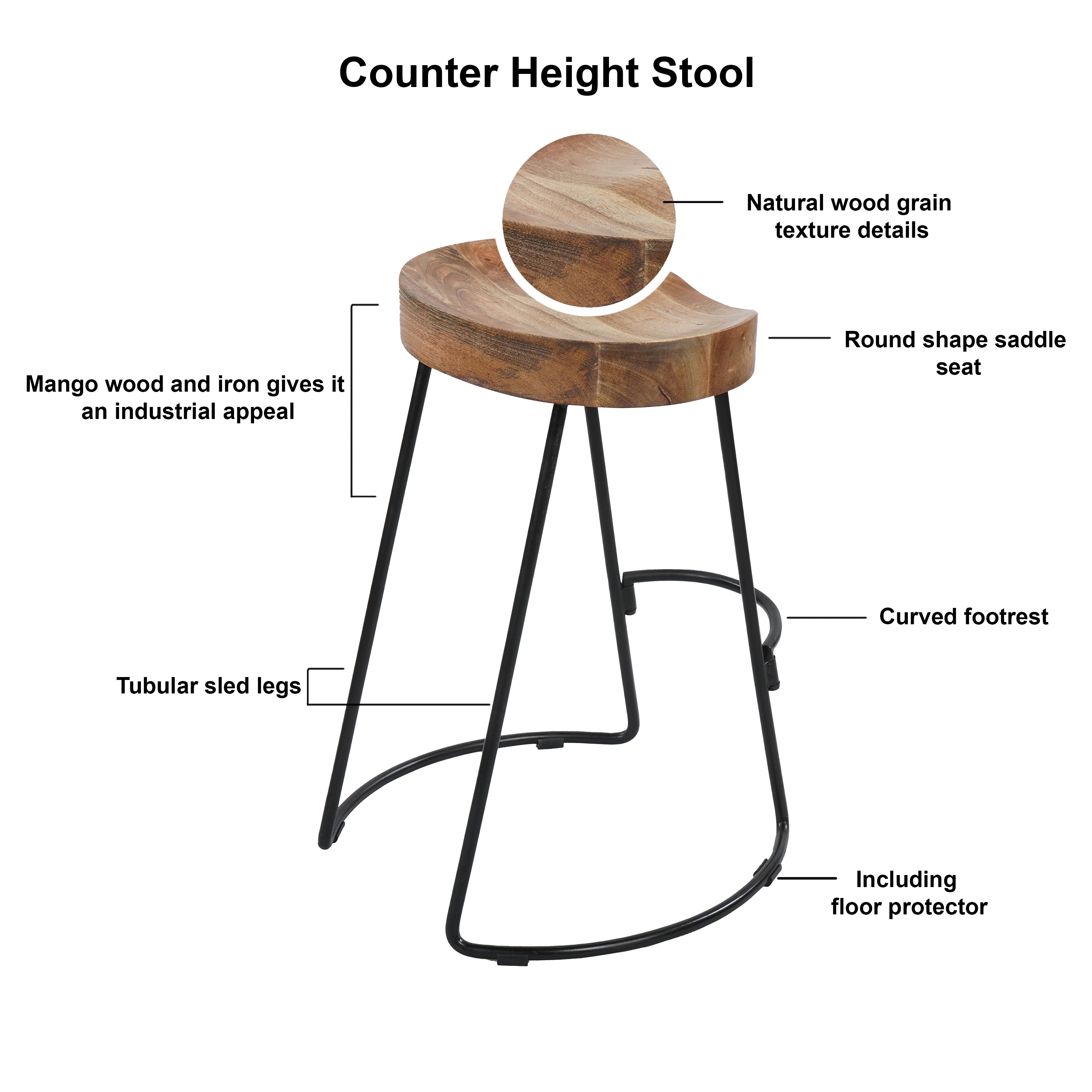 24" Brown and Black Wood Saddle Bar Stool with Metal Legs