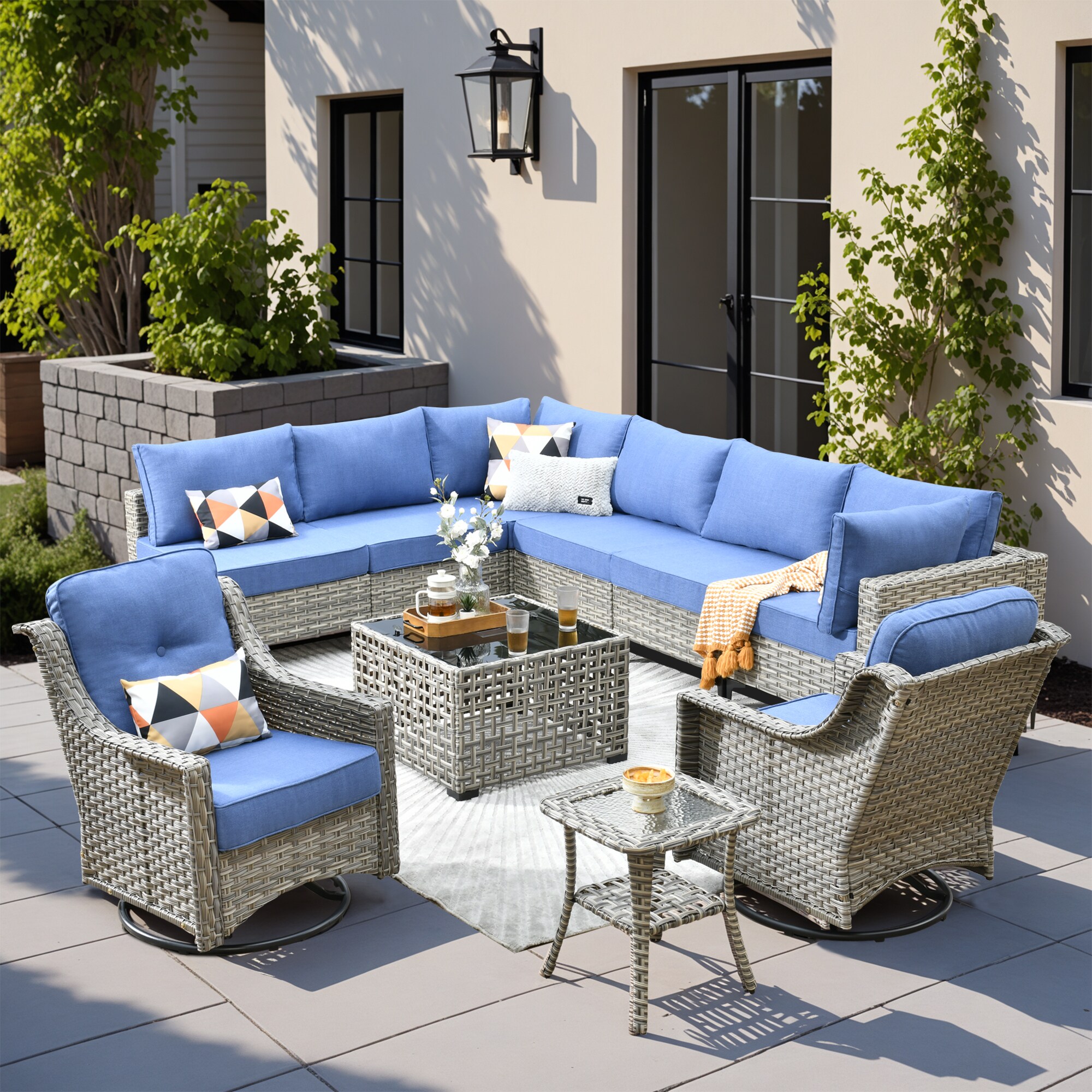 ALTRIGUS 6L-YZSKT510-AL 10 -Piece Wicker Patio Sofa Conversation Set with Blue Cushions