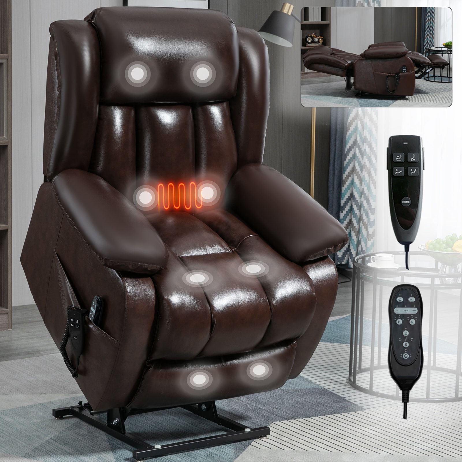 Mondawe MO-CO80041 Antique Brown Leather Upholstered Powered Reclining Massage chair with Lift Assistance