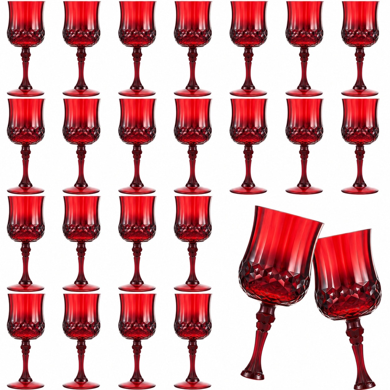 Aoibox  Set of 24 Reusable 7 oz Plastic Vintage Style Wine Glasses with Diamond Pattern with Bulk Quantity and Design