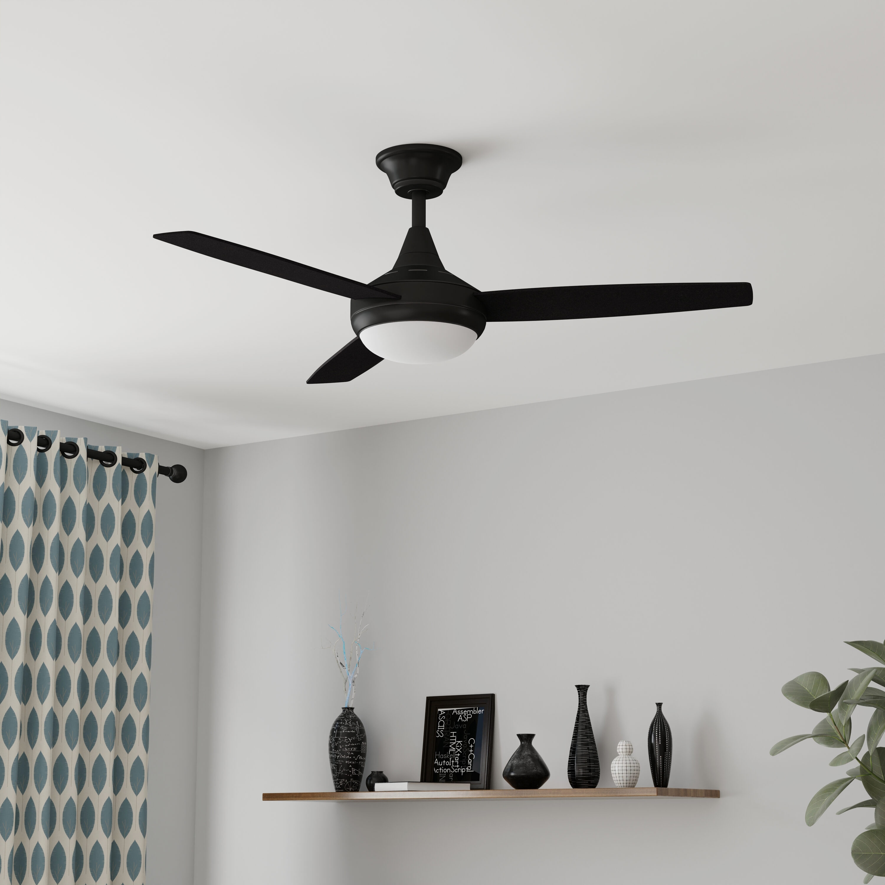 Harbor Breeze TG52MBK3D1RC Beach Creek 52-in Integrated LED Downrod or Flush Mount Matte Black with Matte Black/Auburn Blades Ceiling Fan With Light and Remote ( 3 -Blade )