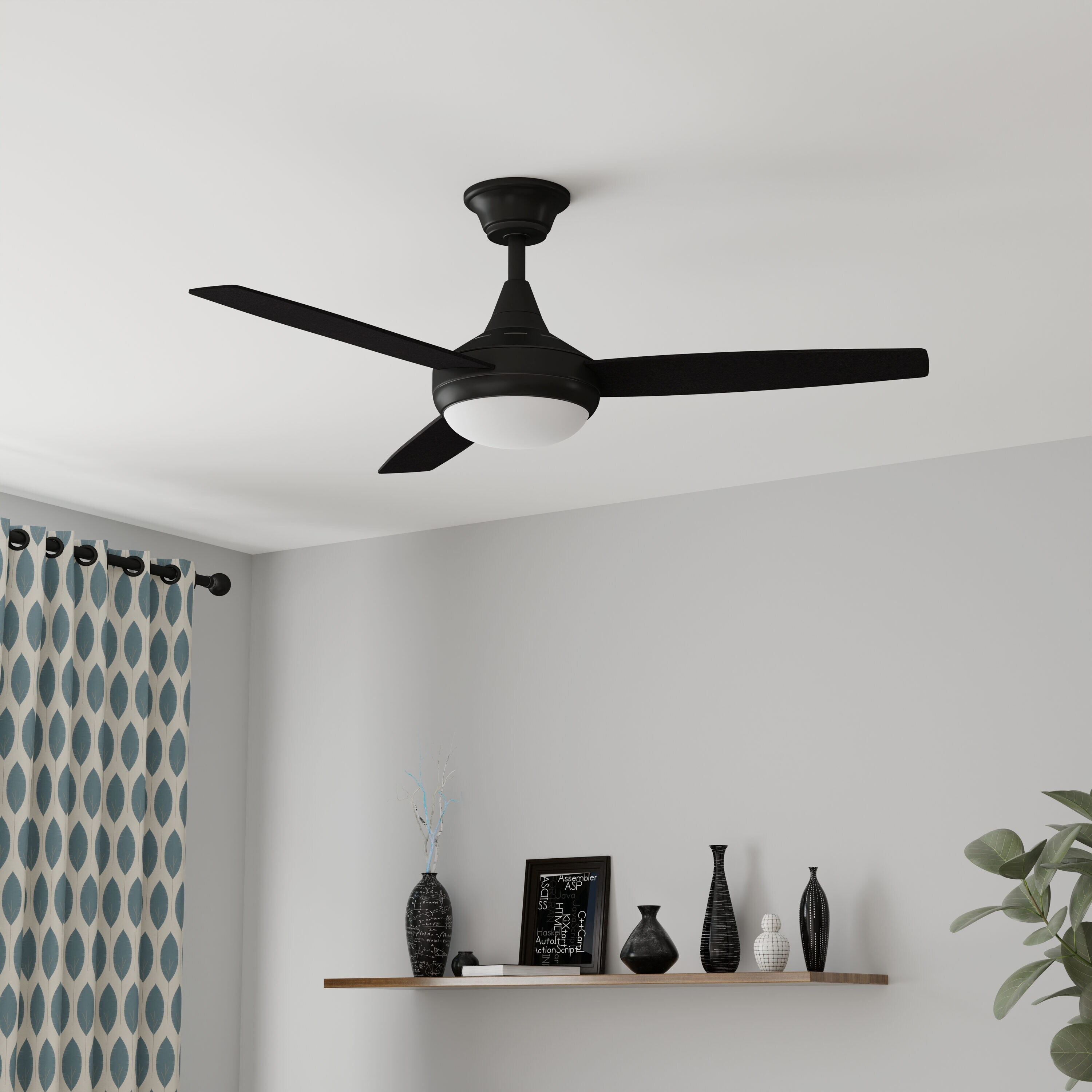 Harbor Breeze Beach Creek 52-in Matte Black with Matte Black/Auburn Blades Integrated LED Indoor Downrod or Flush Mount Ceiling Fan with Light and Remote (3-Blade)