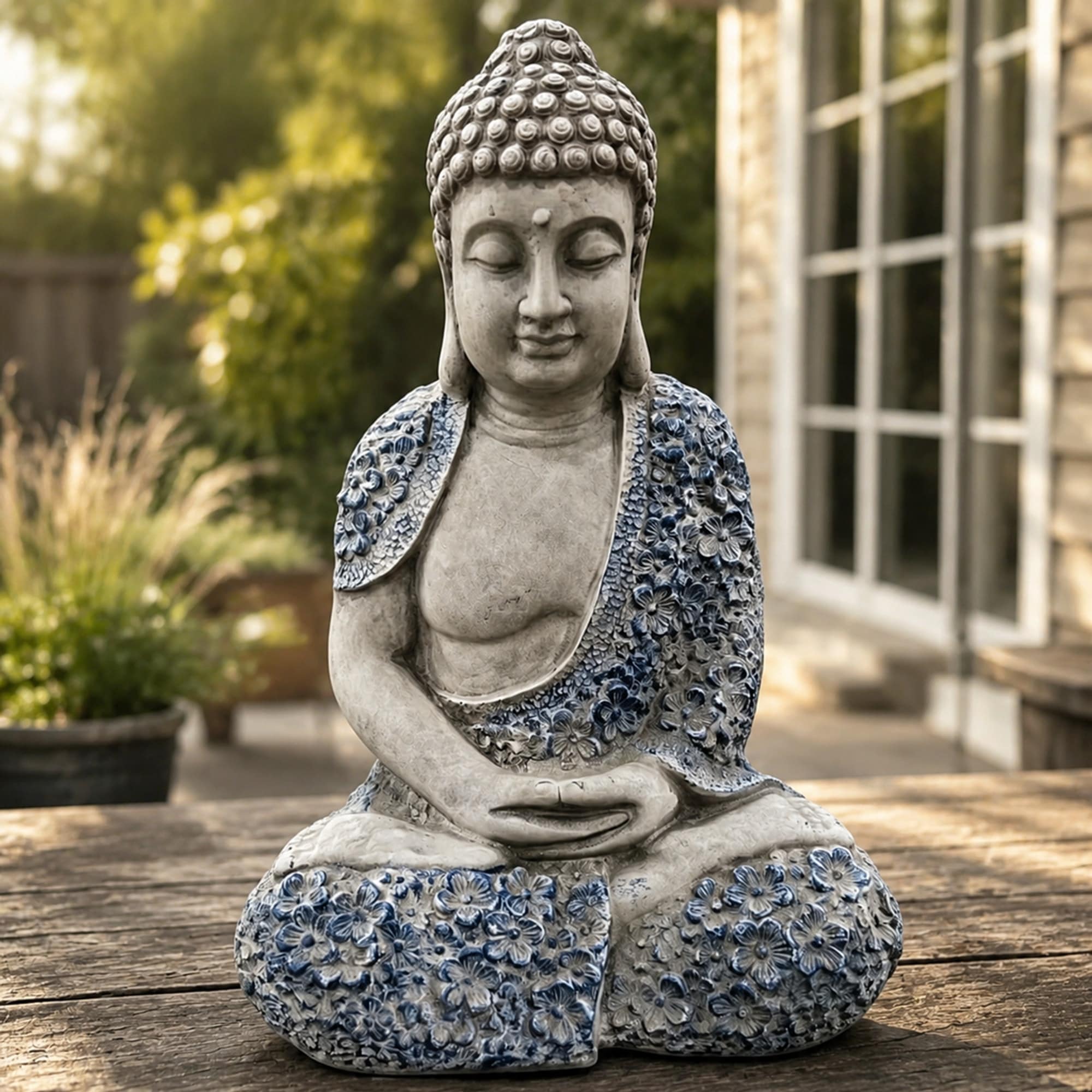 TEINIE 16 Inch Weatherproof Resin Buddha Garden Statue Blue Floral Meditating Buddha Figurine Zen for Patio Yard