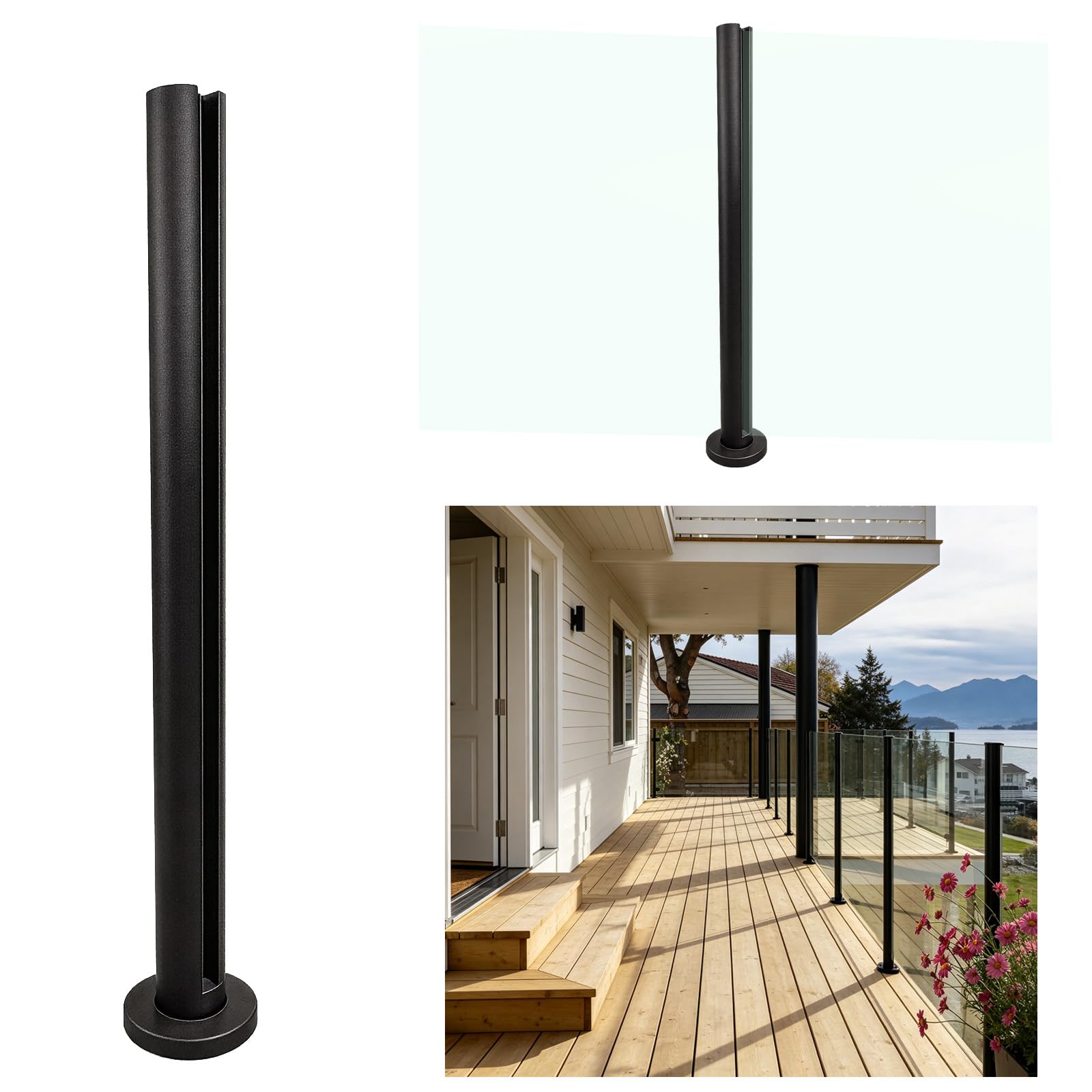 LAIFUCAM  35.8 in Round Glass Railing Post Black Stainless Steel Middle Post with Spigot Slots for Indoor Outdoor Balcony Deck Staircase Yard