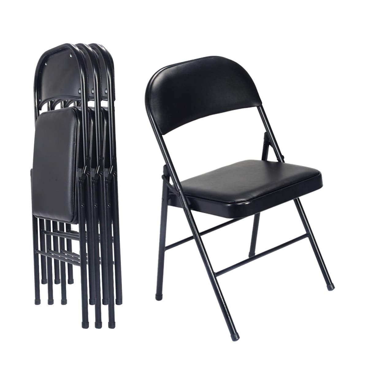Black Steel Folding Dining Chairs with Padded Seats, Set of 4