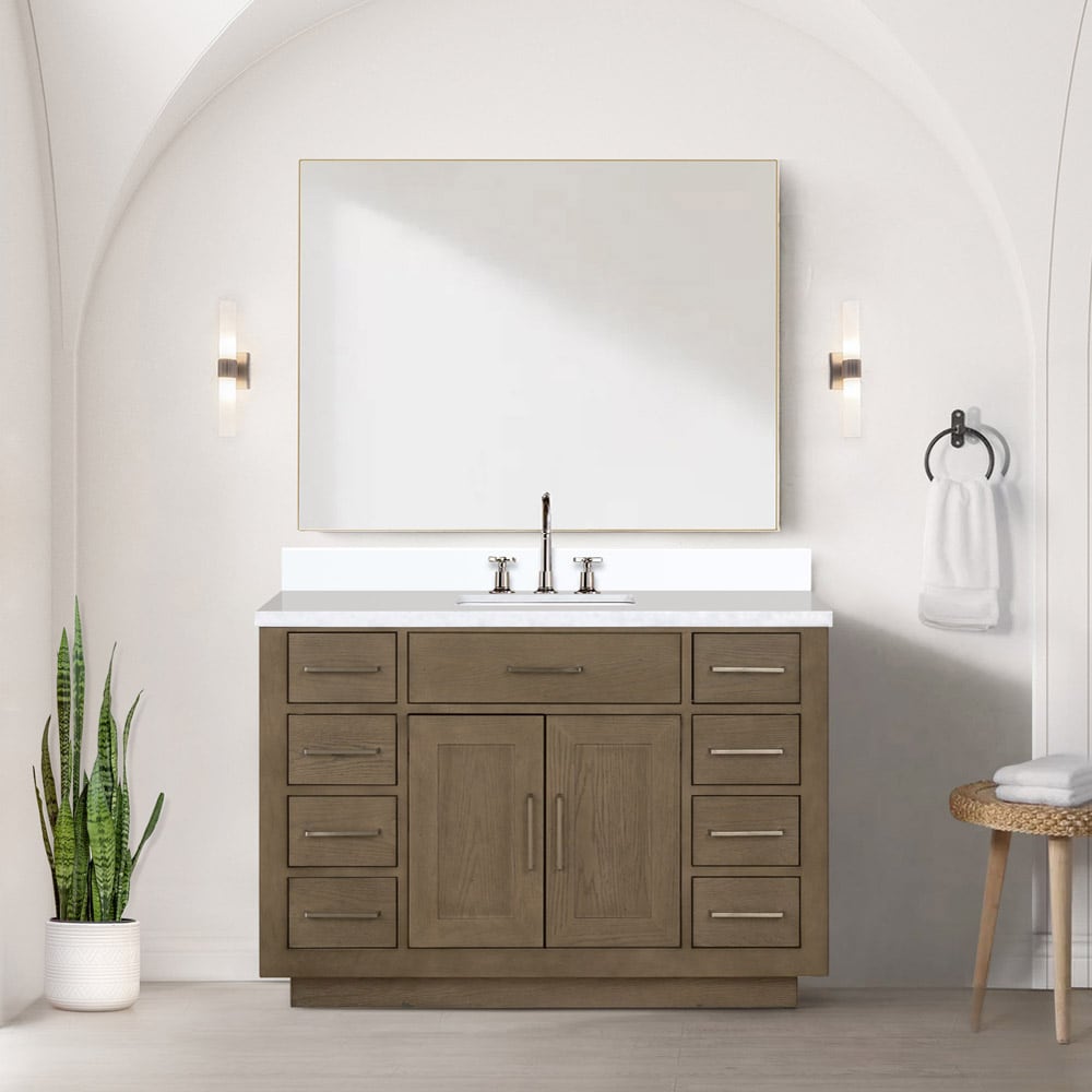 Lexora LVGI48SR211 Gilroy 48-in Grey Oak Single Sink Bathroom Vanity with White Quartz Top (Mirror and Faucet Included)