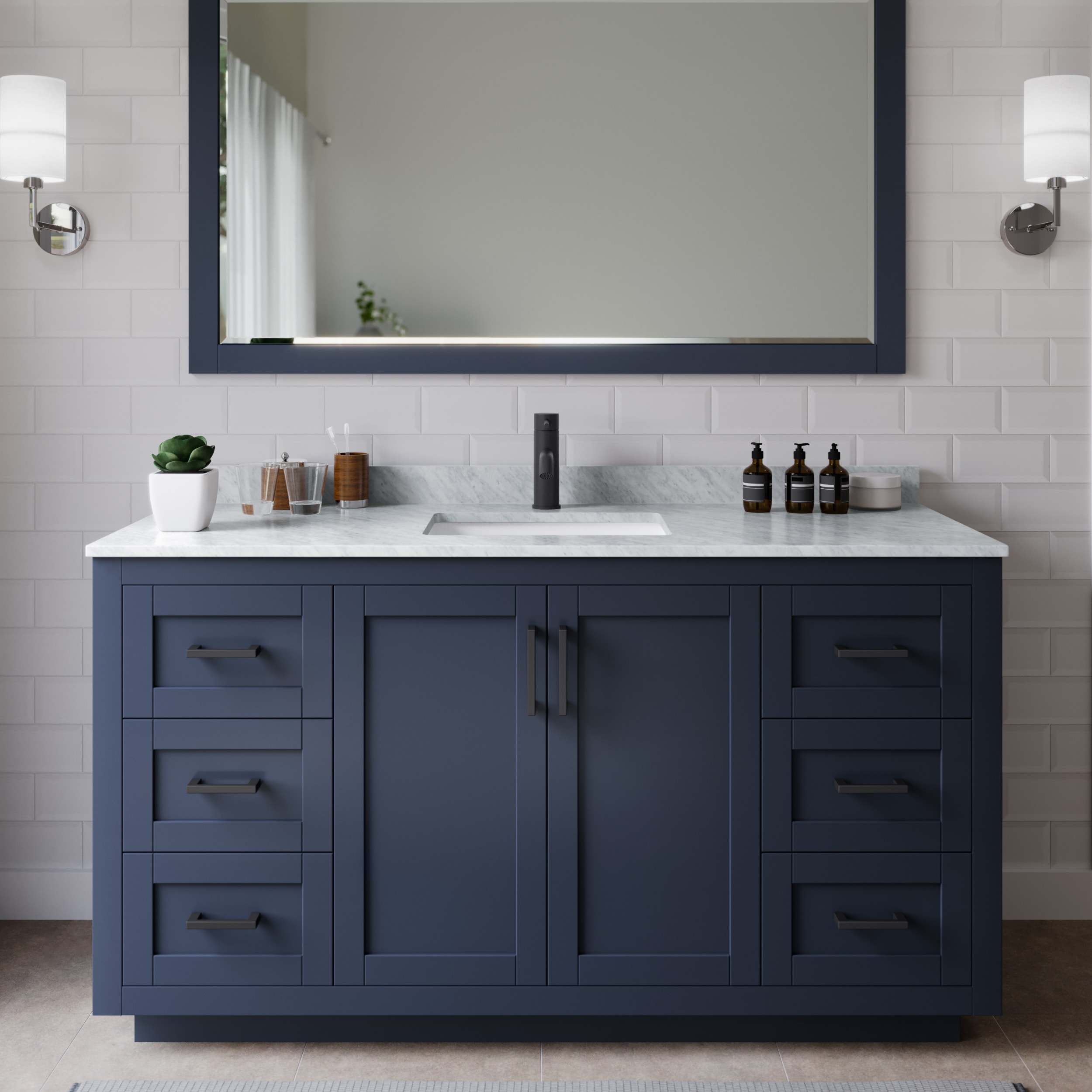 Wyndham Collection WCF292960SBBCMUNSMXX Miranda 60-in Dark Blue with Matte Black Trim Undermount Single sink Bathroom Vanity with White Carrara Marble Marble Top