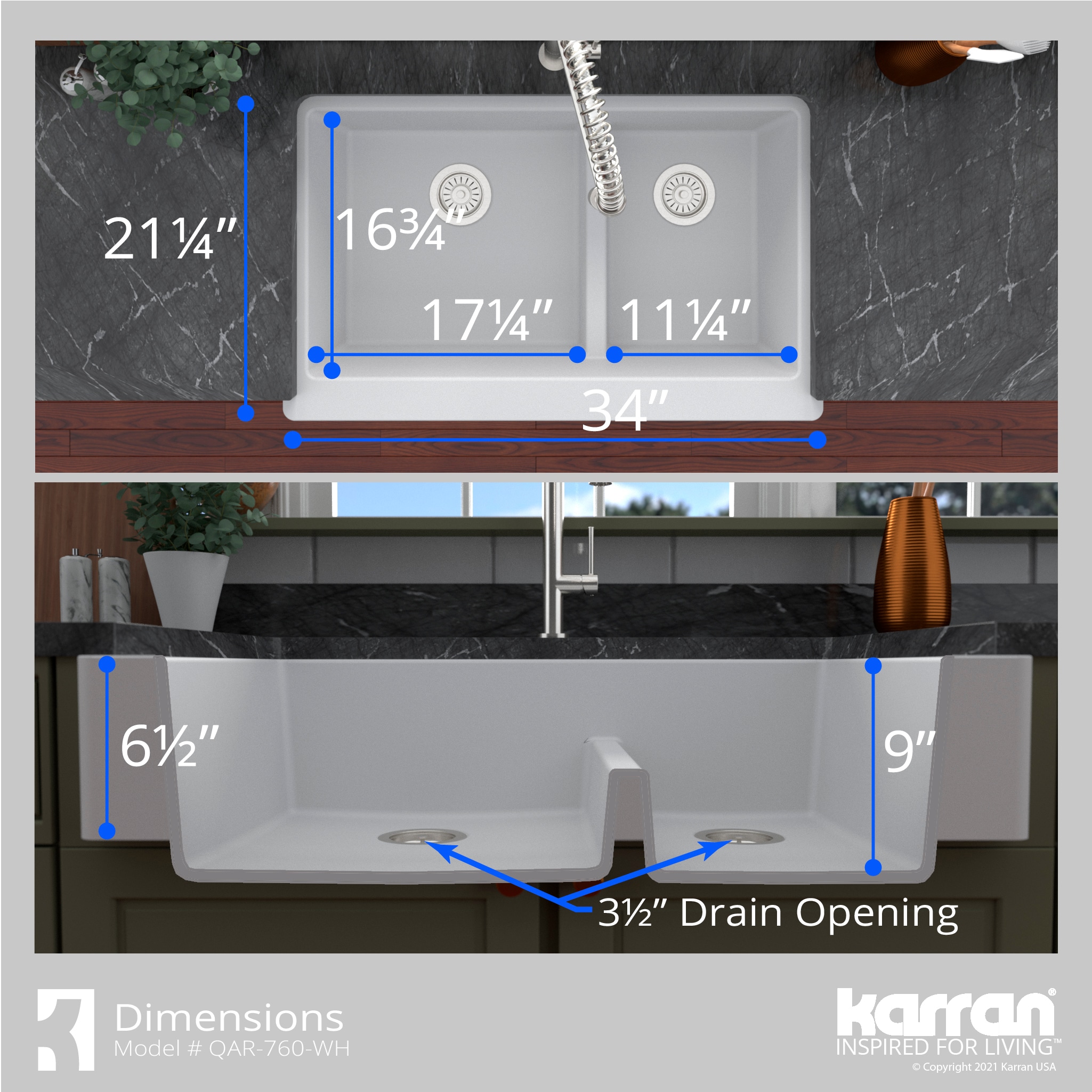 Karran Farmhouse Apron Front 34 In X 2125 In White Quartz Double Offset Bowl Retrofit Kitchen 1741