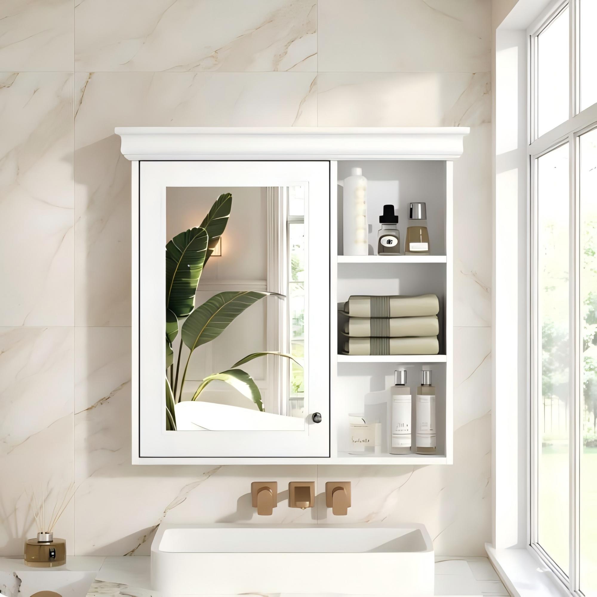 MooxvMoo 30-in x 28-in Bathroom Wall Mounted Cabinet with Mirror Medicine Cabinet Over The Toilet with Open Shelf (White)