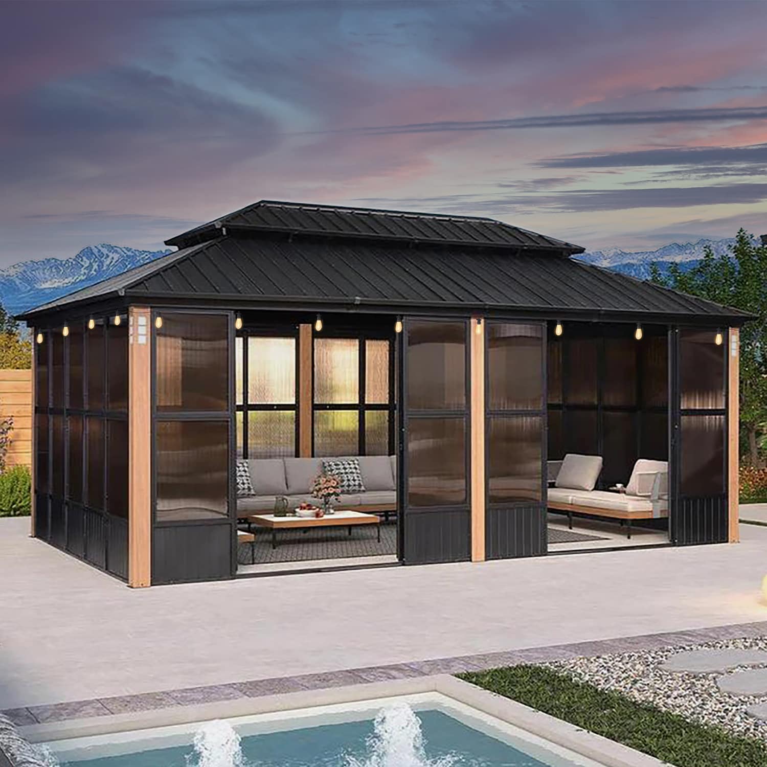 PURPLE LEAF LS06SRW1220XG6 20-ft x 12-ft Solarium Wood(With light) Solarium with Hardtop Roof (Screen Included)