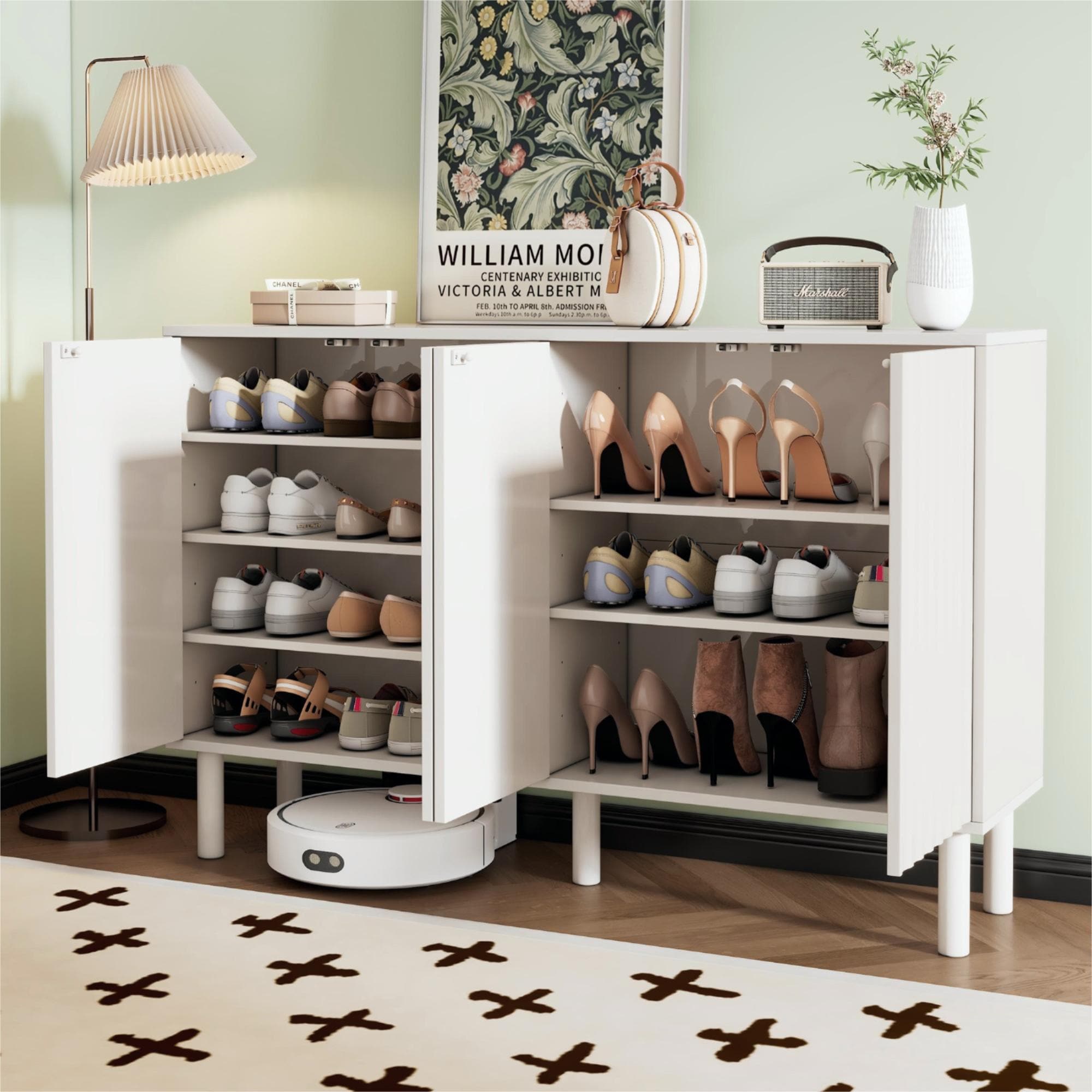 Huluwat Minimalist Shoe Cabinet with 5 Solid Wood Legs Cream Style Sideboard Buffet Cabinet with Fluted Doors Large 4-Door Storage Cabinet with Adjustable Shelves for Living Room White