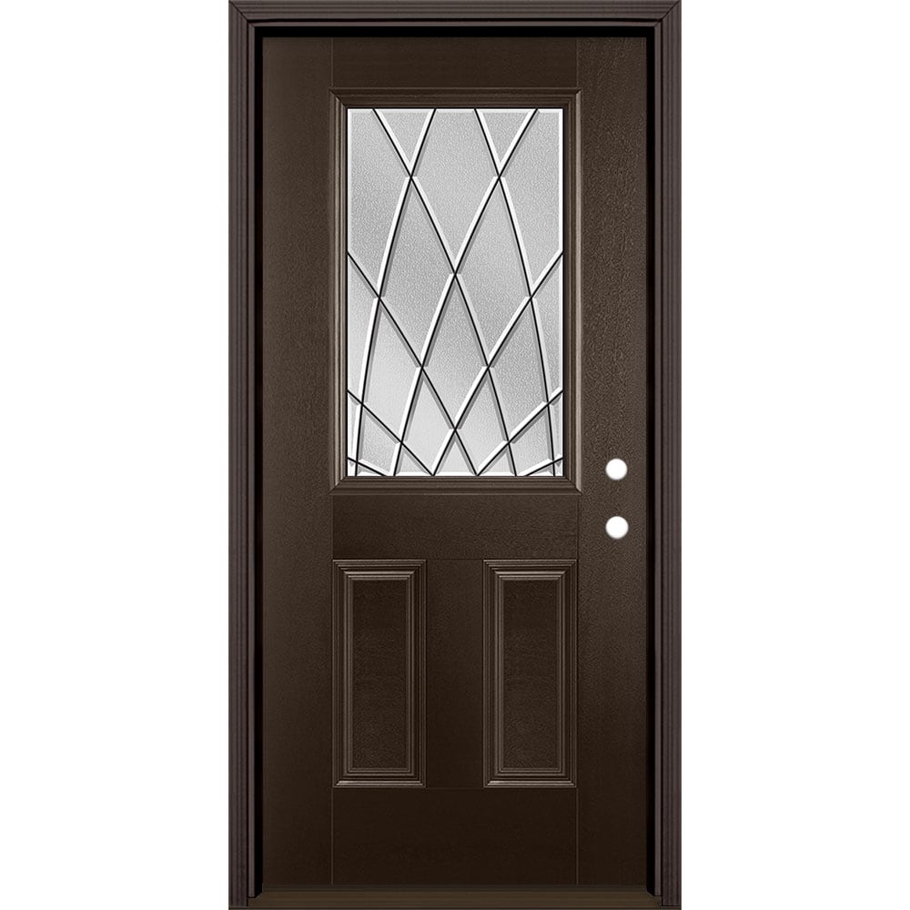 Masonite 3423391 Ventata 36-in x 80-in x 4-9/16-in Fiberglass Half lite Left-hand inswing Walnut Stained Prehung Single door Front Door with Brickmould Insulating core Decorative glass