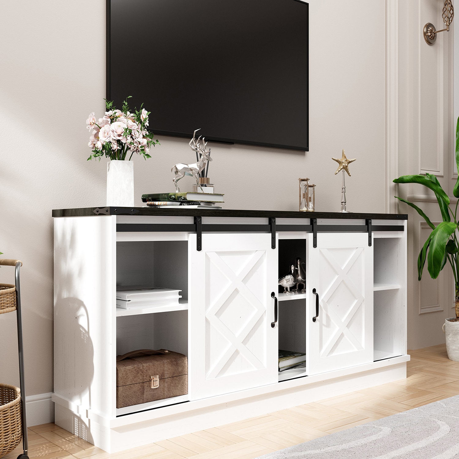 GZMR GZJH-062-GR Farmhouse TV Stand wih Storage Modern/Contemporary White TV stand ( Accommodates TVs up to 65-in )
