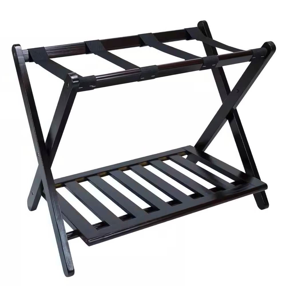 Slickblue Solid Wood Luggage Rack with Bottom Shelf Foldable - Dark Brown Finish