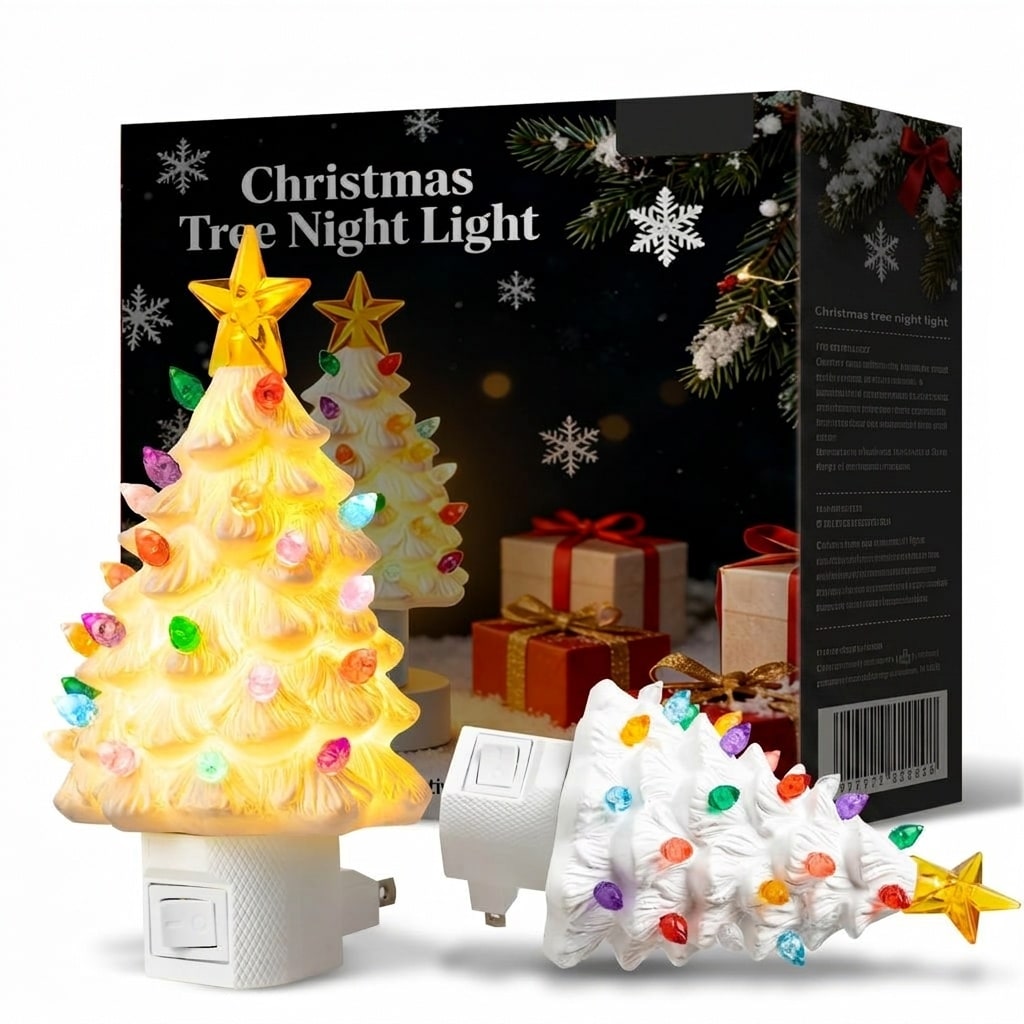 Lukvuzo 2 pack Ceramic Christmas Tree Night Light Vintage Multicolor Bulbs Holiday Decor for Bedroom Bathroom Tabletop Warm White LED Gift #L05LU10084