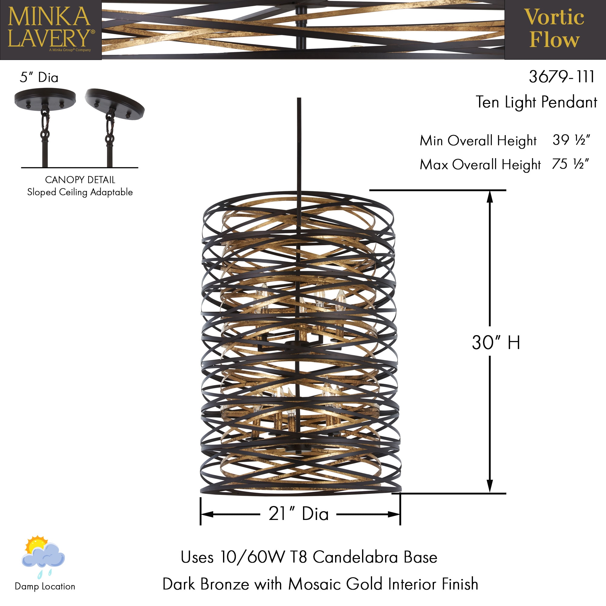 Vortic Flow Dark Bronze and Mosaic Gold 10-Light Pendant