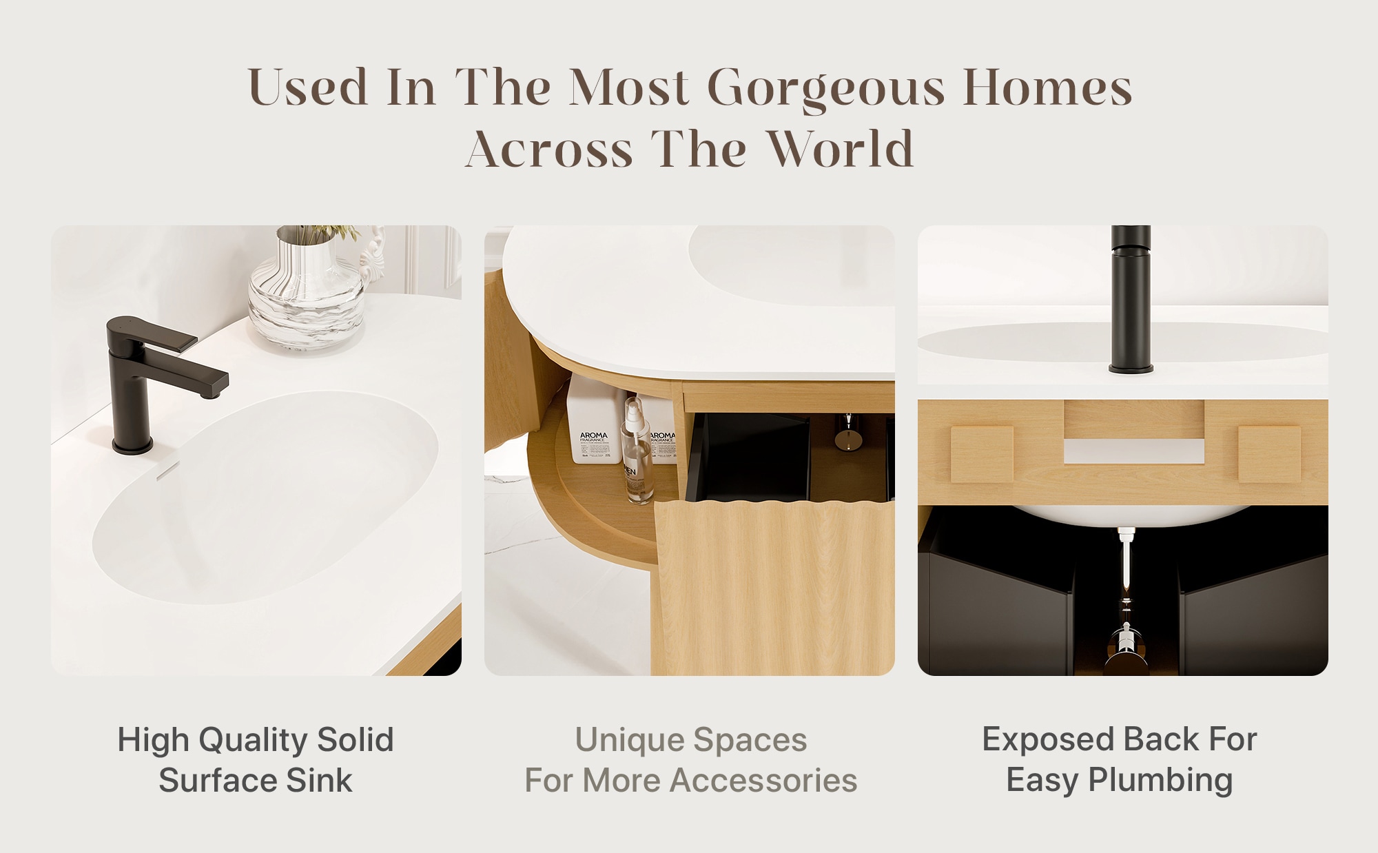 Natural Oak Freestanding Bathroom Vanity with White Solid Surface Top