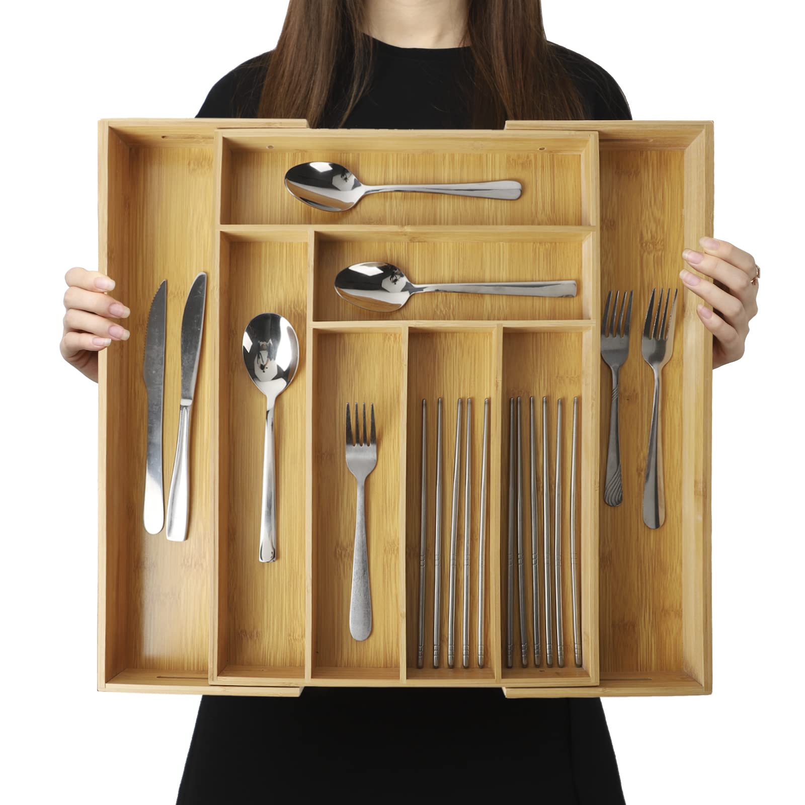 Phewnyzo  Expandable Bamboo Kitchen Drawer Organizer Large Size 8 Slot Adjustable Tray for Silverware Utensils Cutlery Office Supplies Jewelry