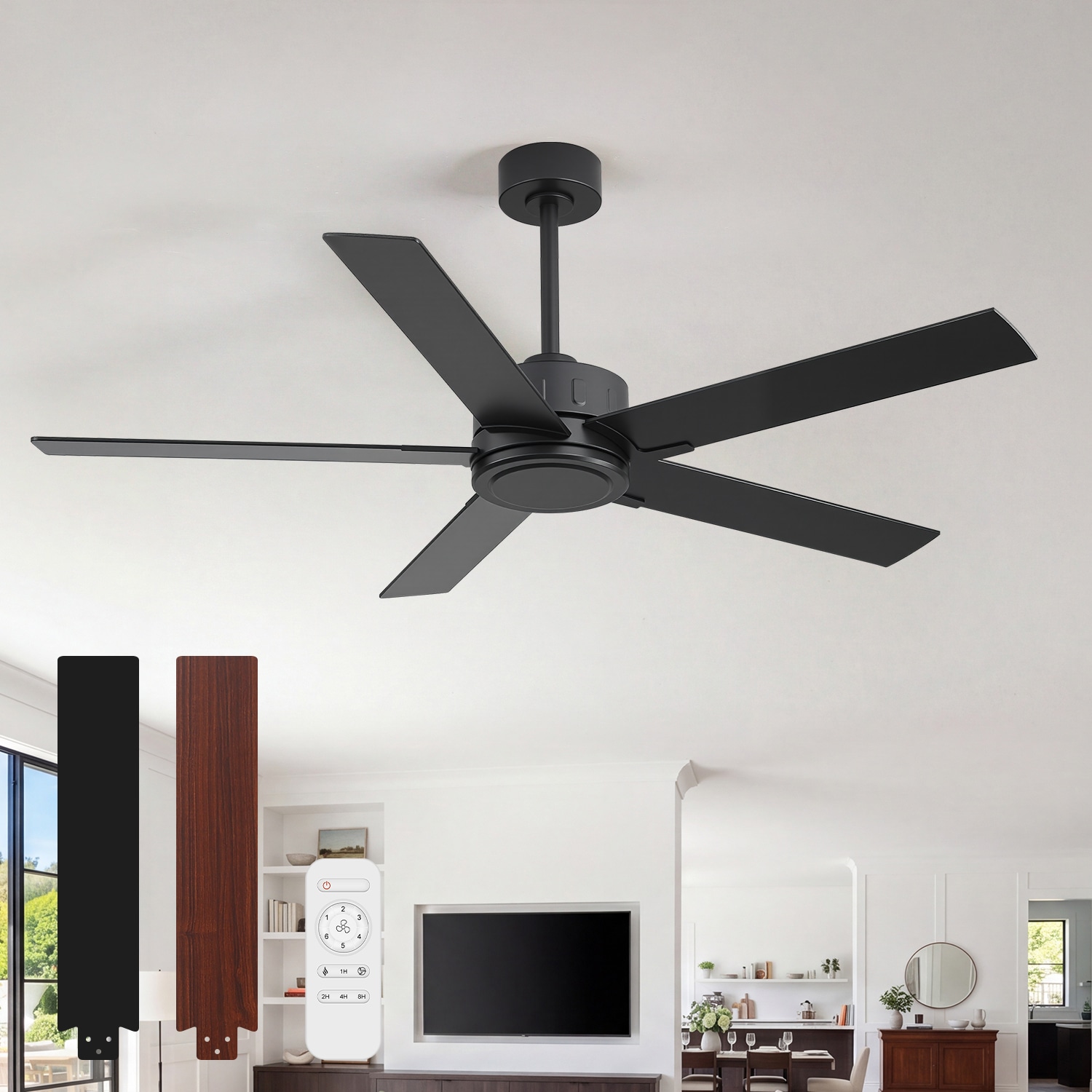 Breezary Modern Farmhouse 56-in Black with Black and Dark Walnut Blades Ceiling Fan Without Light and Remote Control Included 5 -Blade