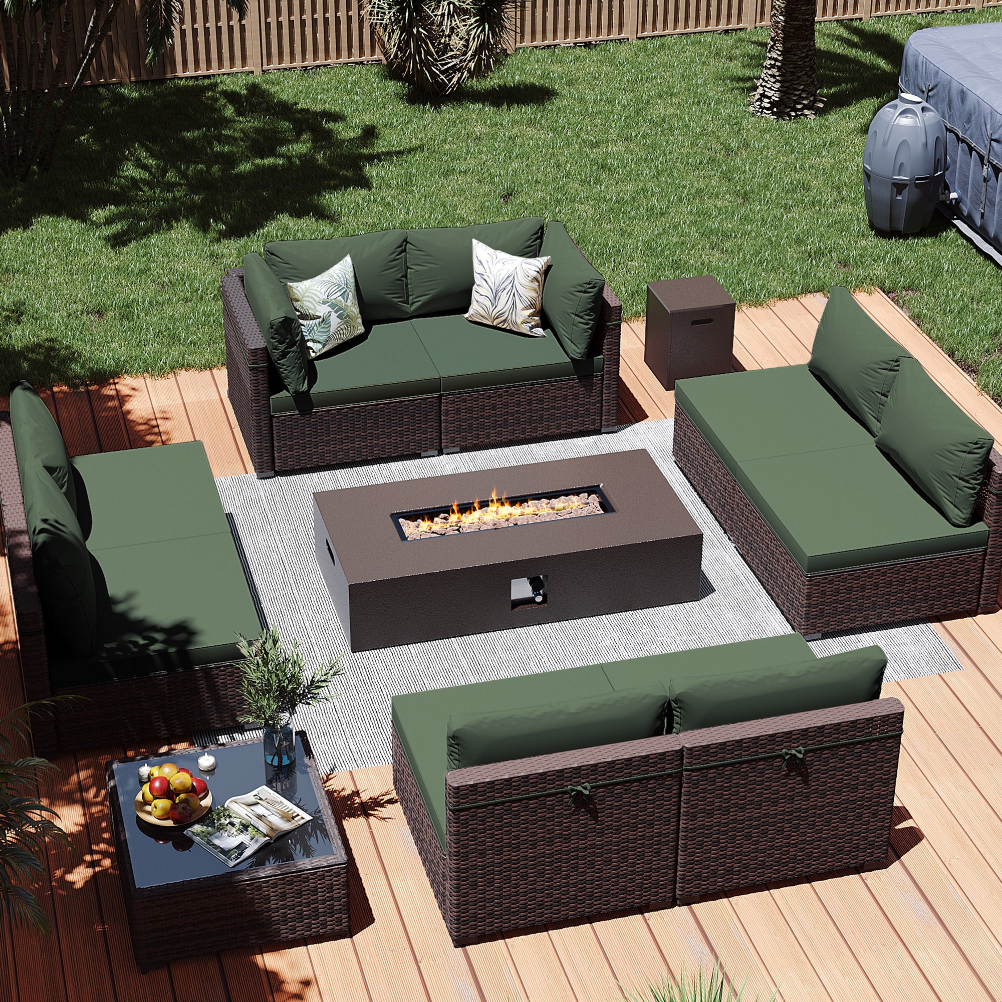 Patio Watcher LS-RT9-KD56BR-B4 10 -Piece Rattan Patio Conversation Set with Green Cushions