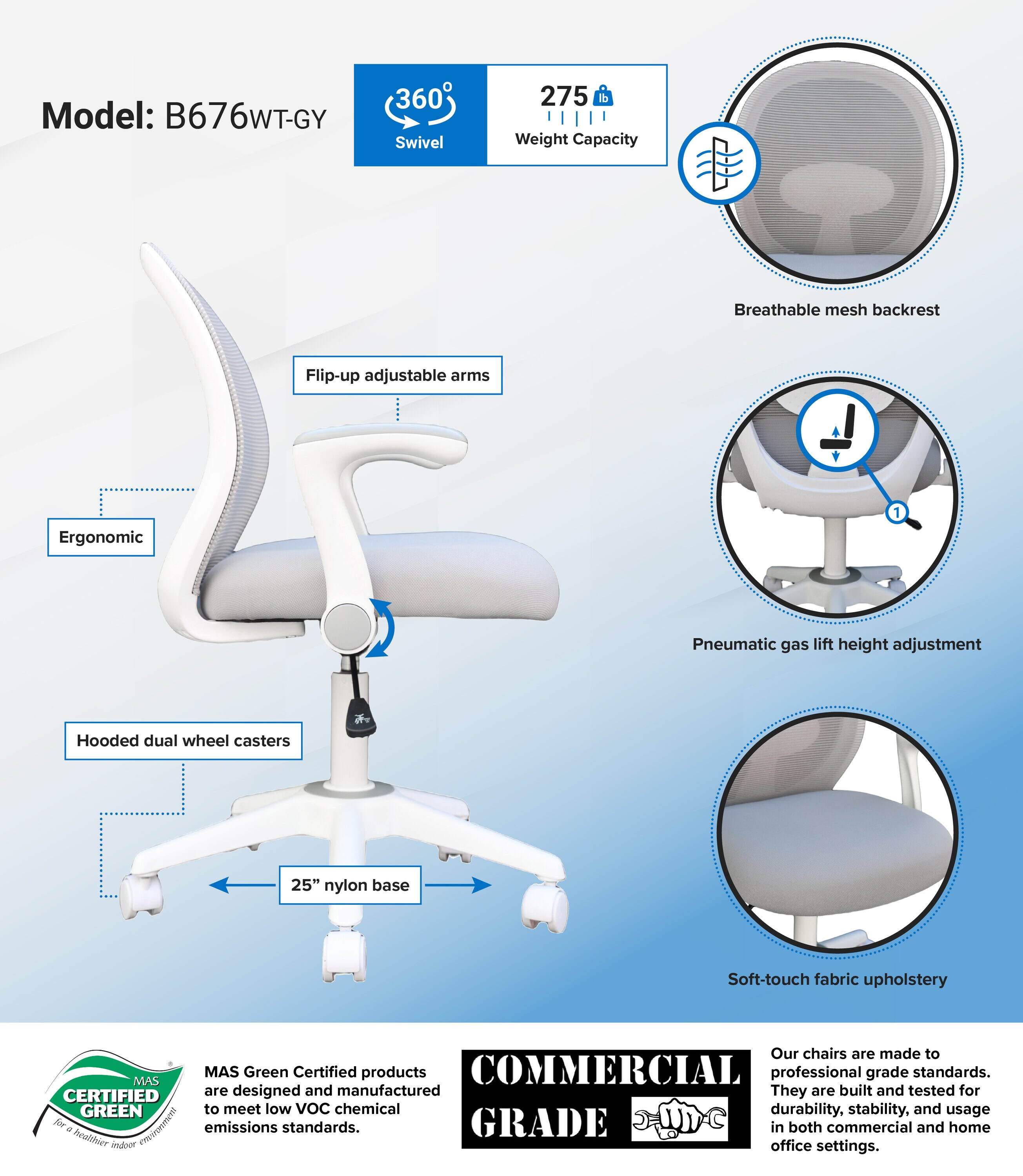 Grey Mesh and Fabric Task Chair with Adjustable Arms