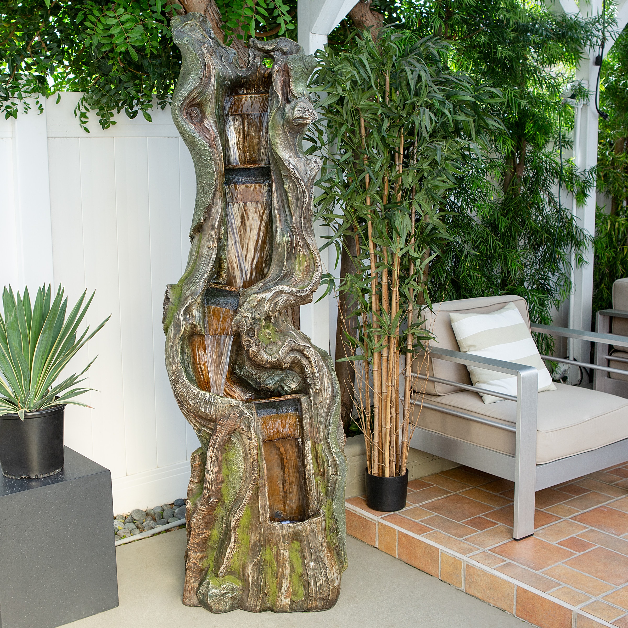 79" Natural Wood Look Resin Tiered Fountain with LED Lights
