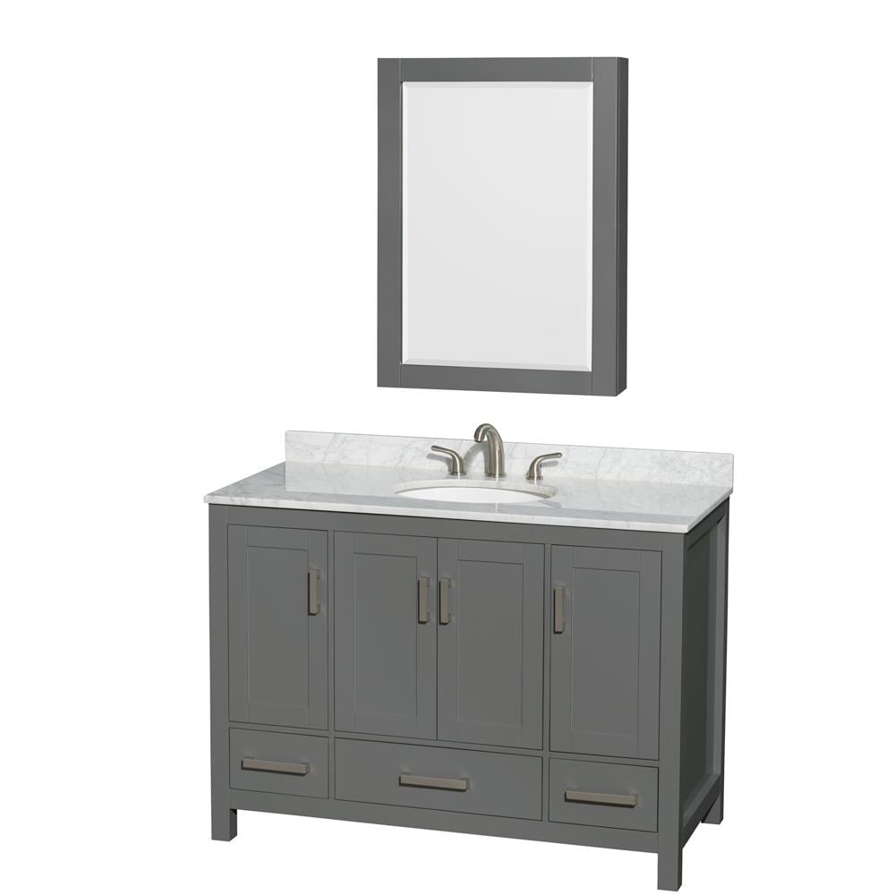 Wyndham Collection WCS141448SKGCMUNOMED Sheffield 48-in Dark Gray with Brushed Chrome Trim Undermount Single sink Bathroom Vanity with White Carrara Marble Natural marble Top (Mirror Included)