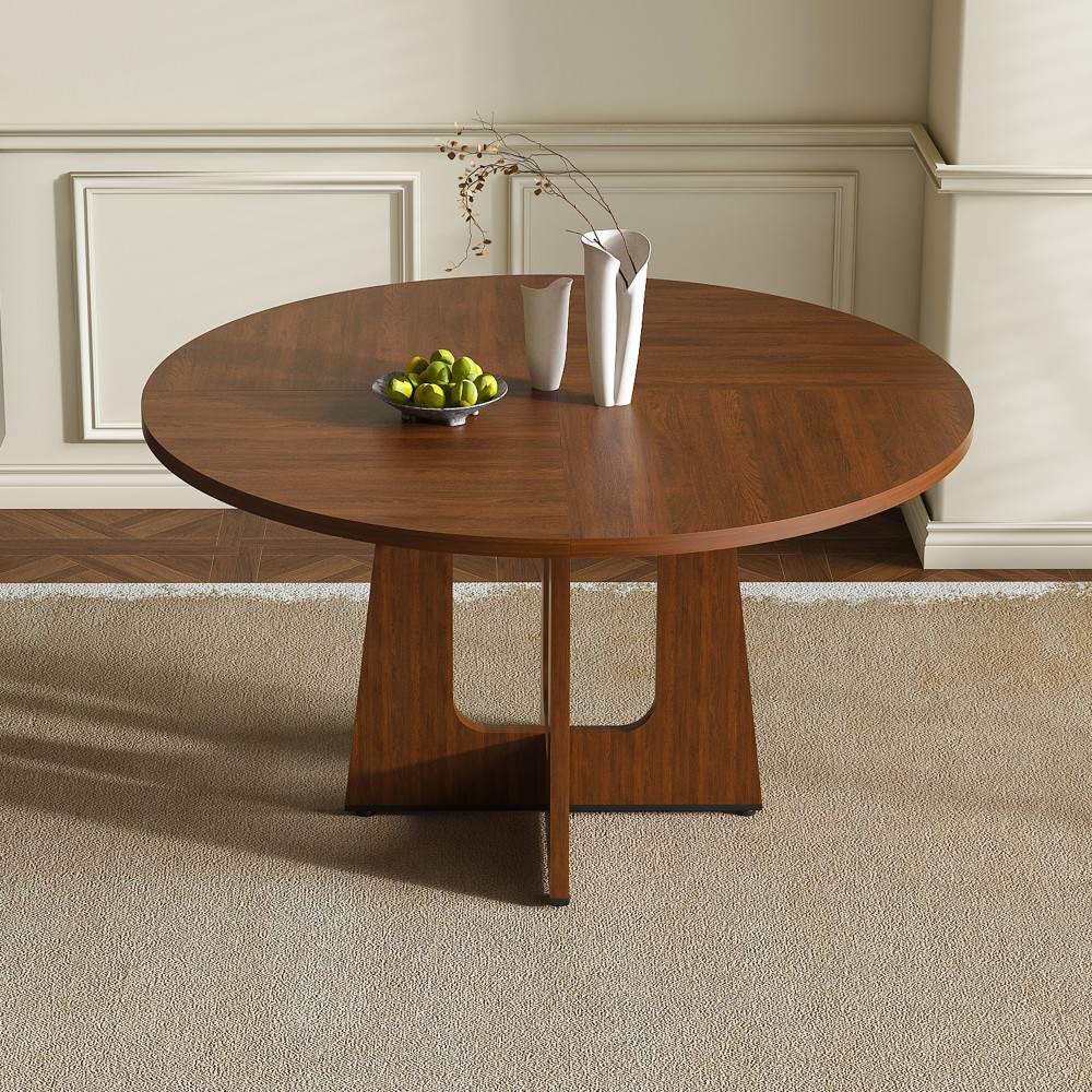 Coolbibila CORY-TABLE-WALNUT 47 Inch Round MDF Dining Table with Iron Base and Walnut Wood Grain Finish for Kitchen Dining Room