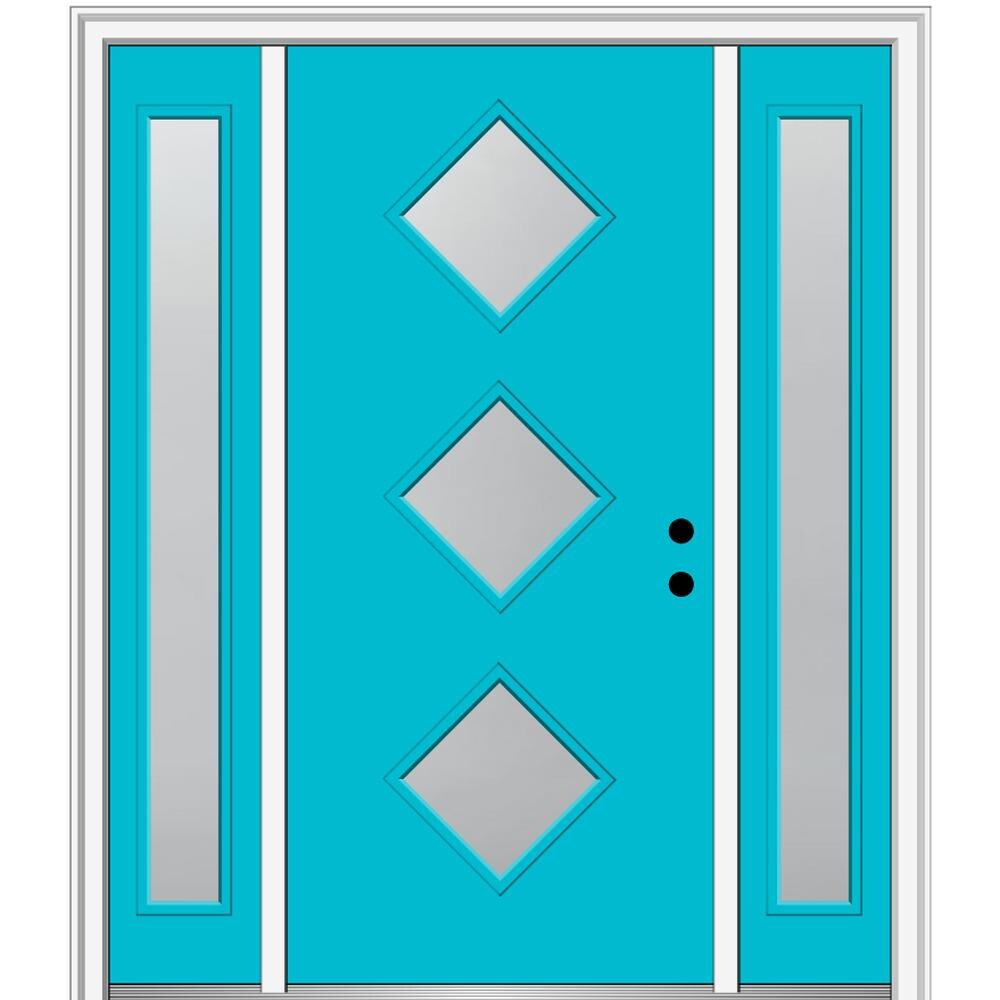 MMI DOOR ZZ350262L Spotlights 60-in x 80-in x 6-9/16-in Fiberglass Pulse lite Left-hand inswing Bahama Blue Painted Prehung Front Door with Sidelights with Brickmould Insulating core