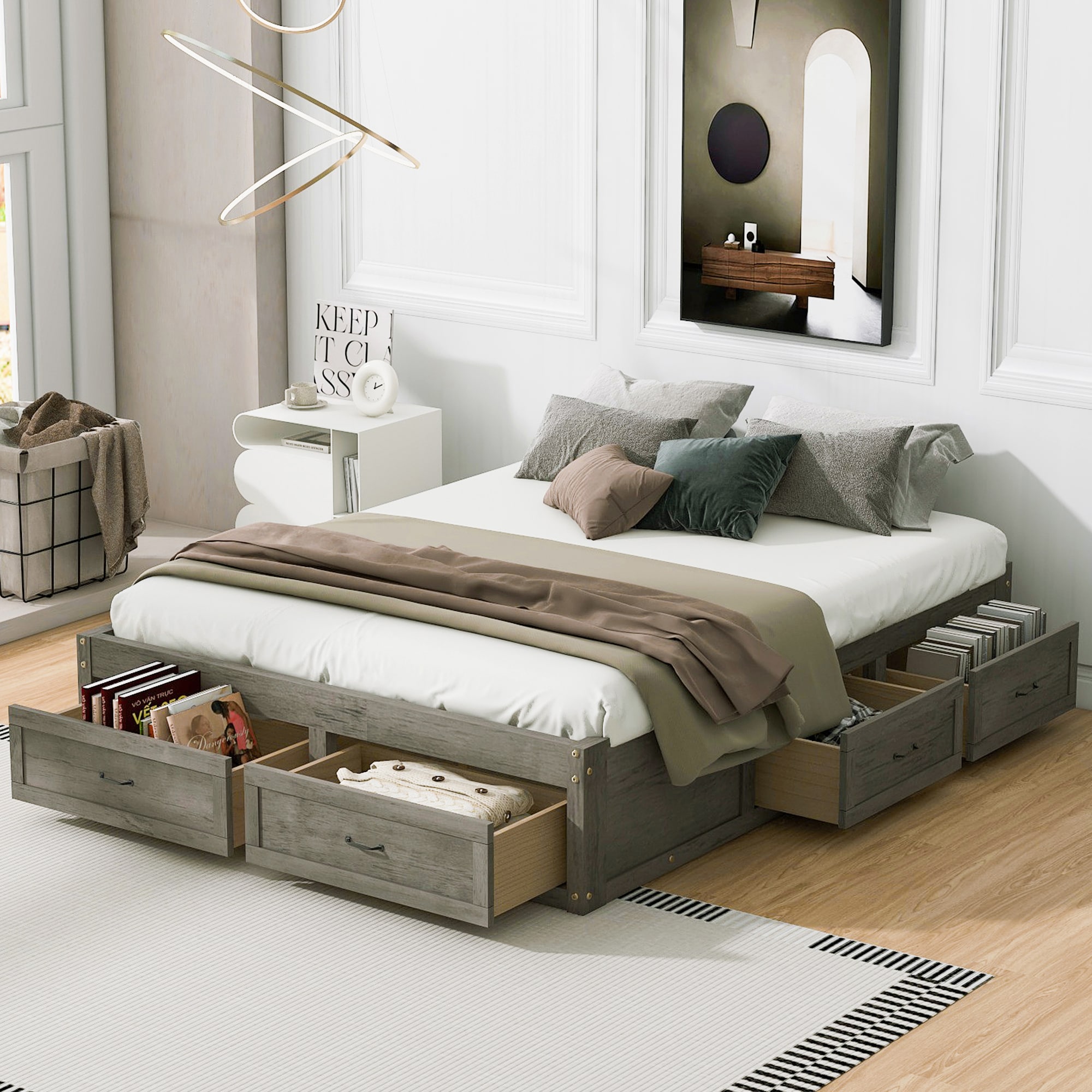 Vynxaria -  Queen Antique Gray Wood Platform Bed Frame with 6 Storage Drawers and Headboard