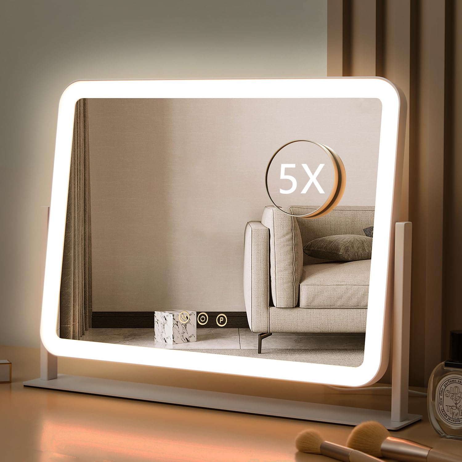 Vanity Mirror with Lights 17.4 X 13.5 LED Makeup Mirror Three Color Modes 5X Magnification Touch Control 360 Rotation White