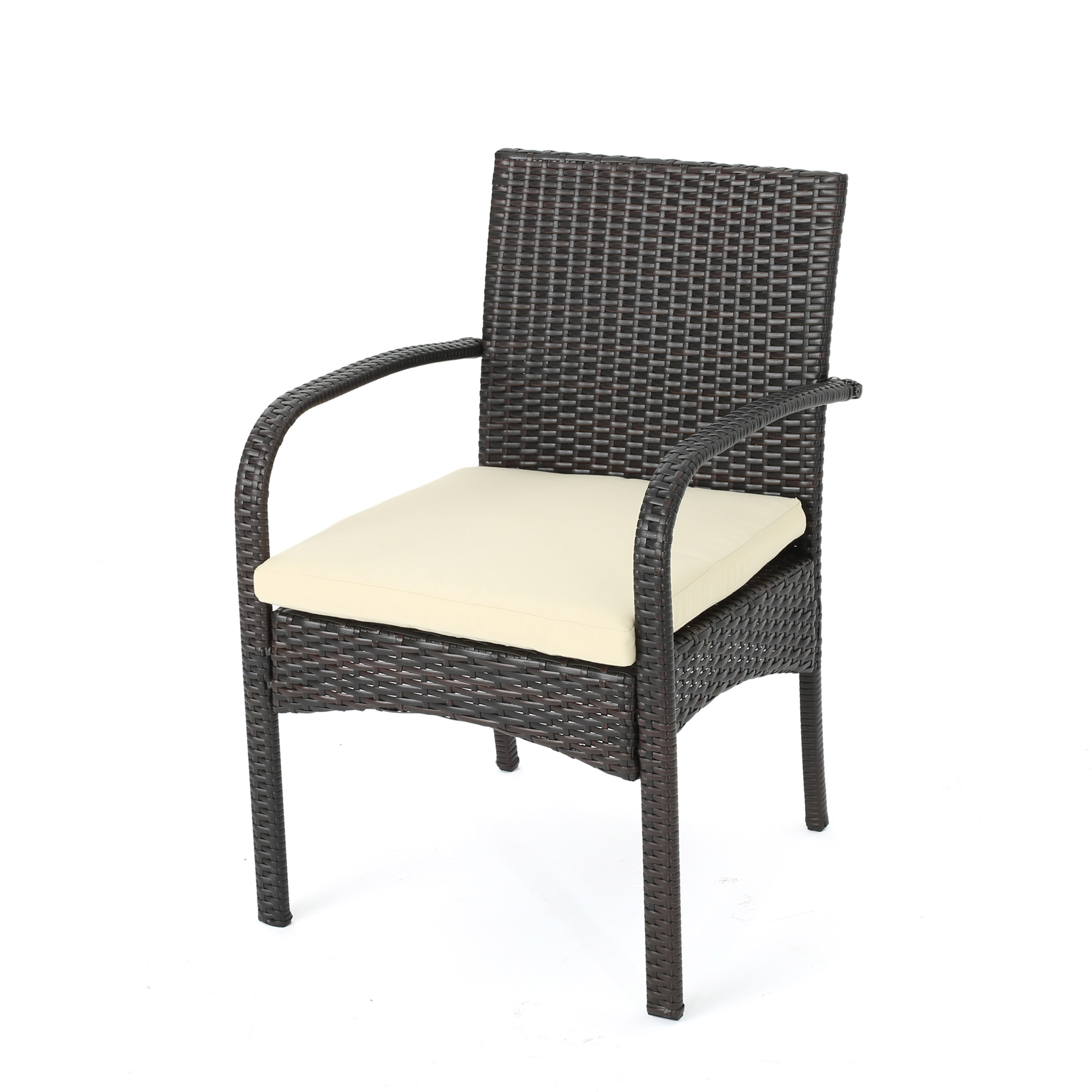 Brown Wicker 4-Person Round Patio Dining Set with Beige Cushions
