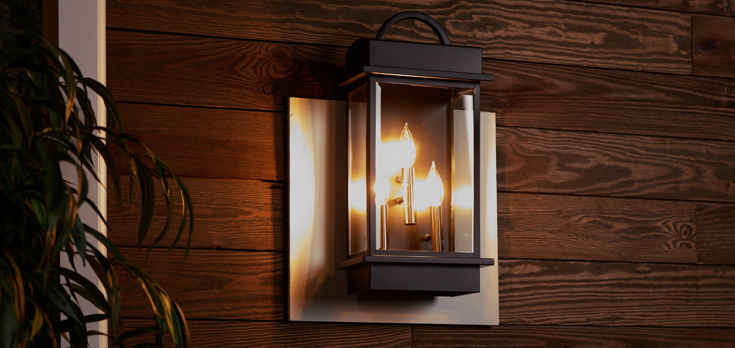 Santee Black Steel 3-Light Outdoor Wall Lantern with Beveled Glass