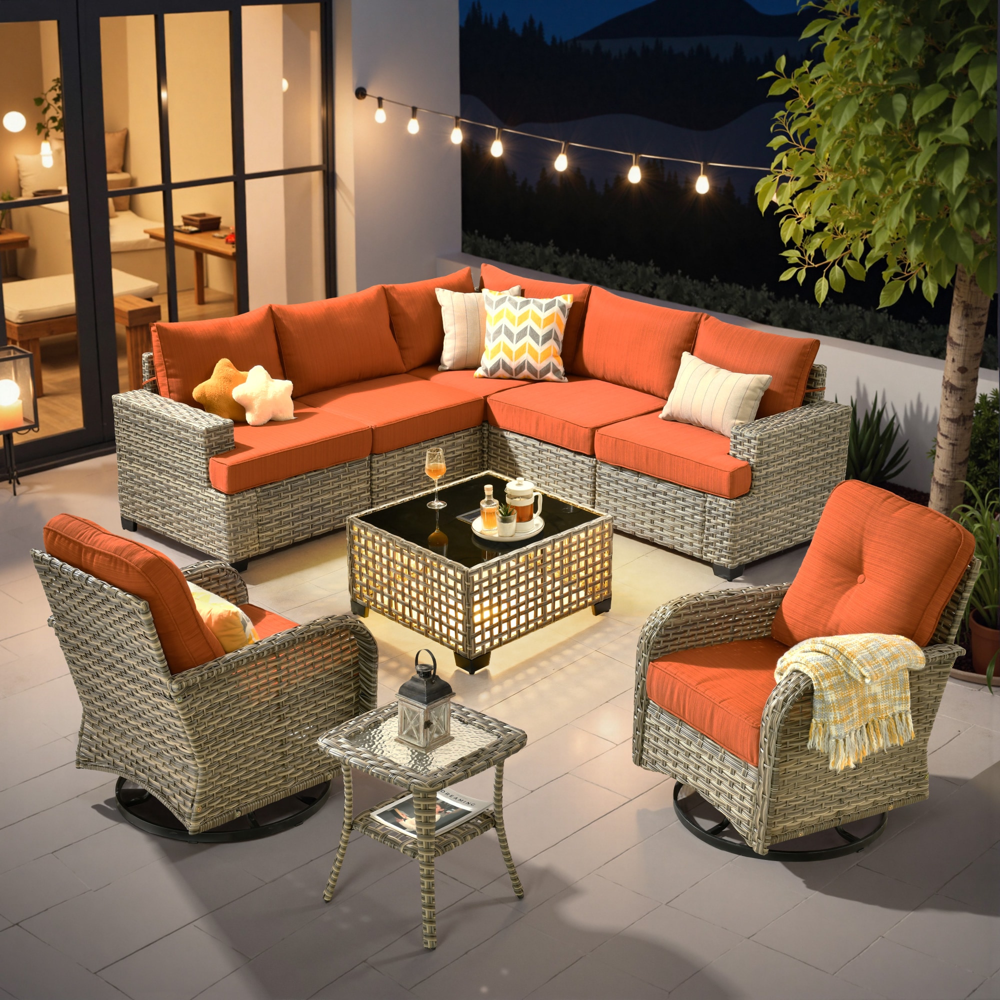 Ovios TS809TYV 9 -Piece Wicker Patio Conversation Set with Orange Cushions