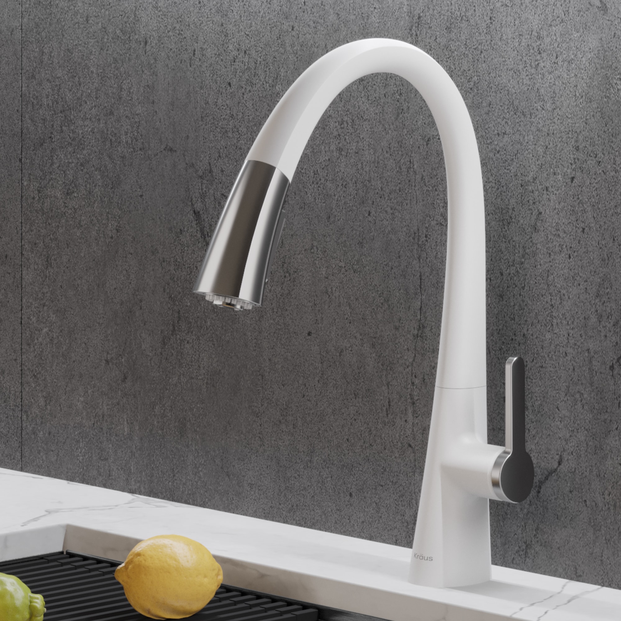 Kraus KPF-1673CHWH Nolen Chrome/White Single Handle Deck-mount Pull-down Kitchen Faucet with Sprayer ( Deck Plate Included )