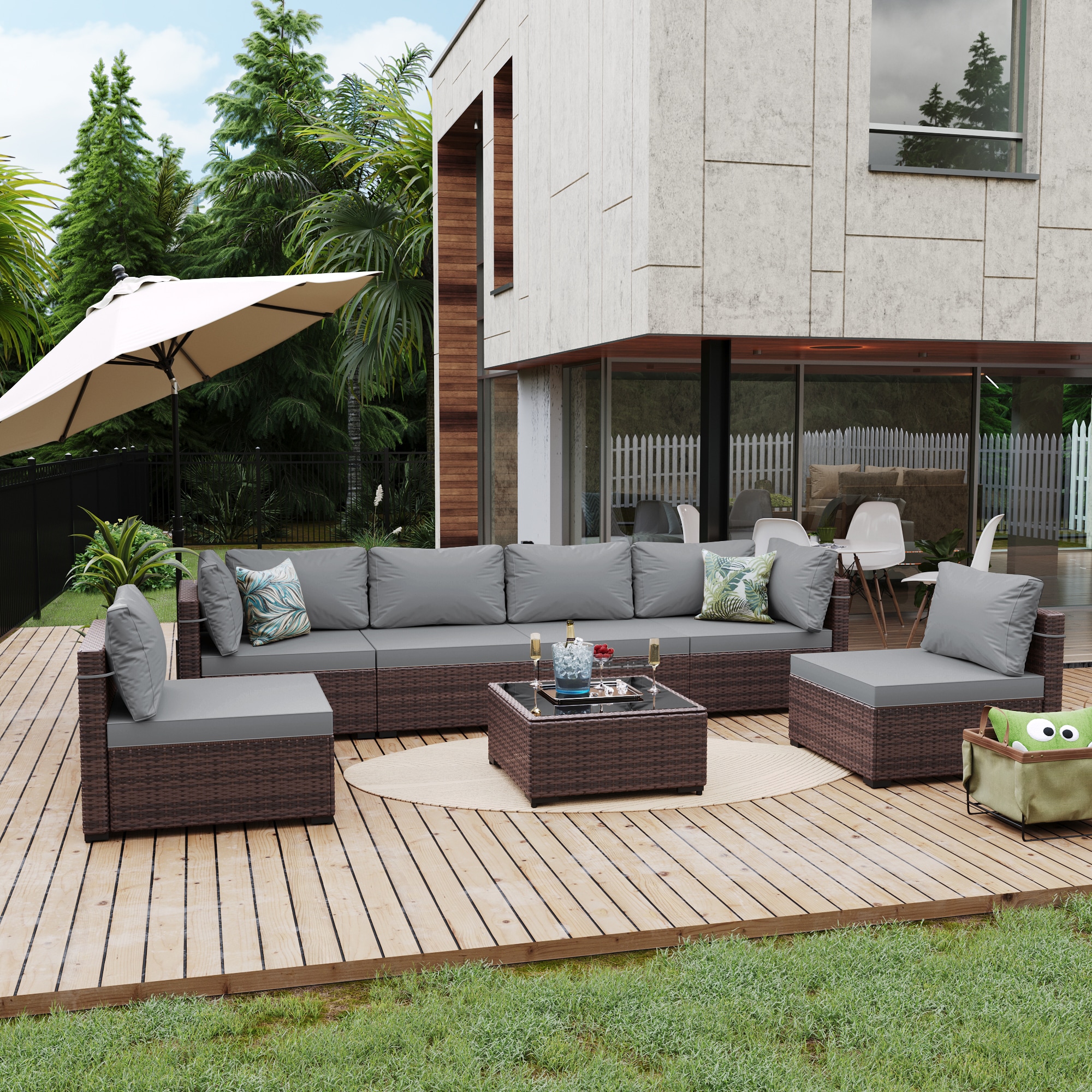 UPHA TBSF-ABC-LGRAY 7 -Piece Wicker Patio Sofa Conversation Set with Gray Cushions