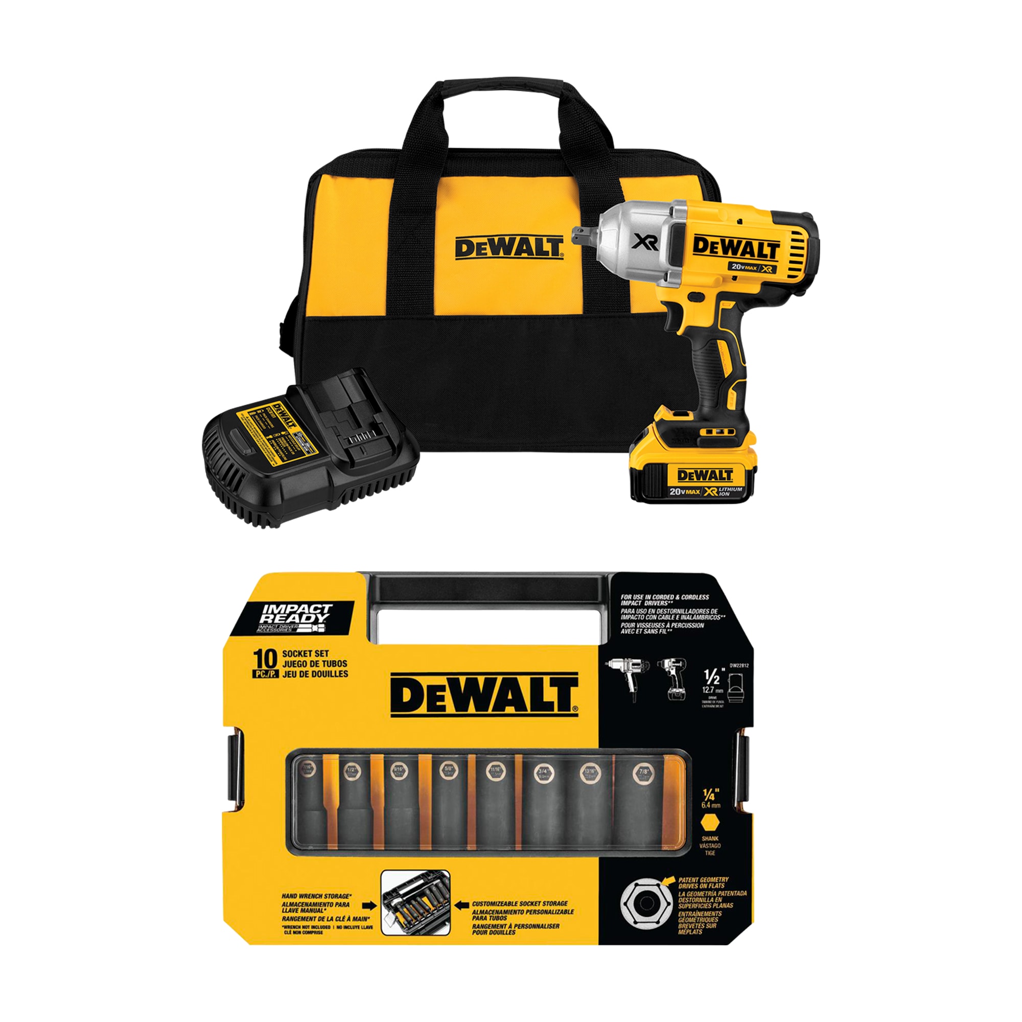 DEWALT XR 20-volt Max Variable Speed Brushless 1/2-in Drive Cordless Impact Wrench (1-Battery Included) & 10-Piece 1/2-in Drive Set Hex Bit Standard