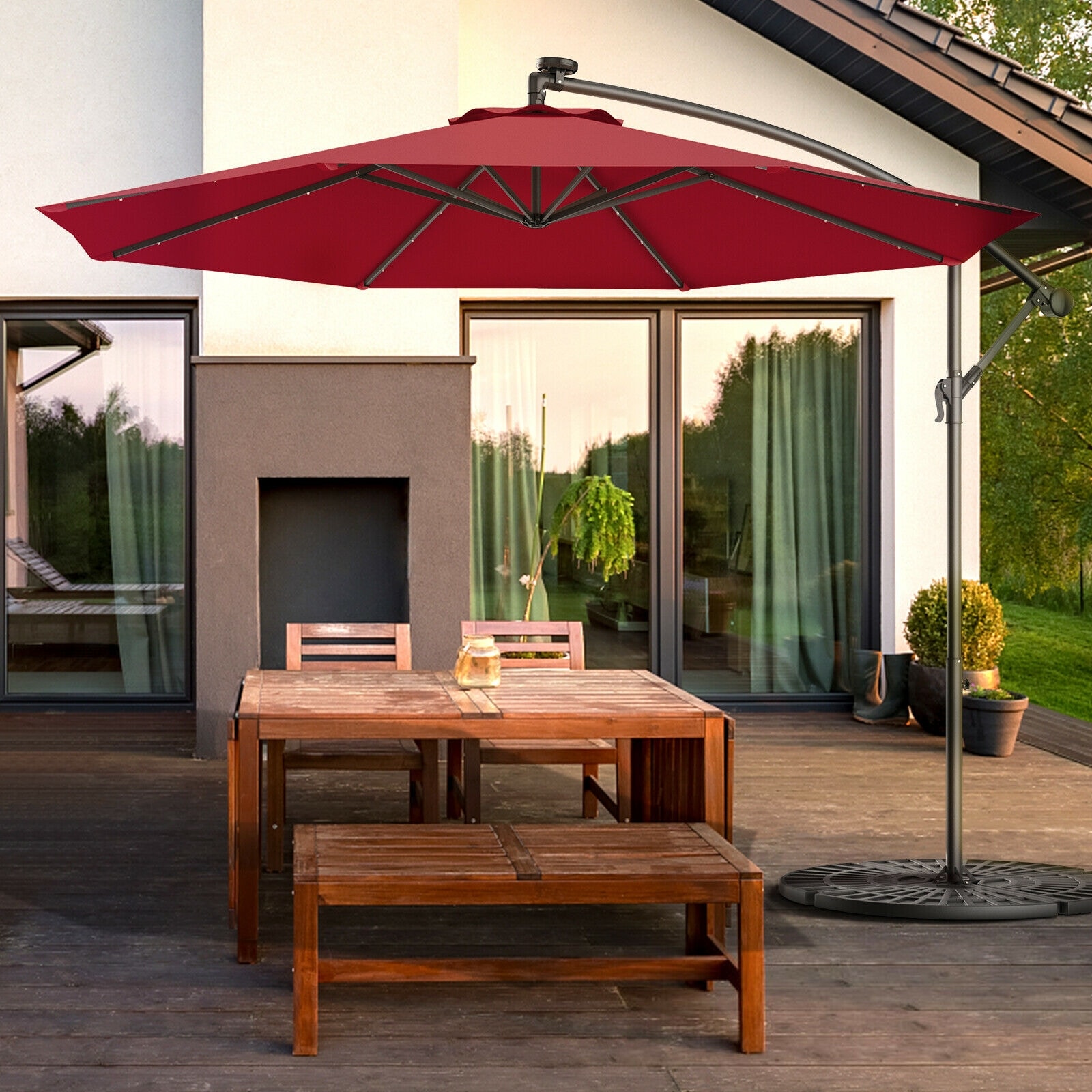 Forclover HBV-754WN 10-Feet Steel Red Crank Cantilever Patio Umbrella with Lights and