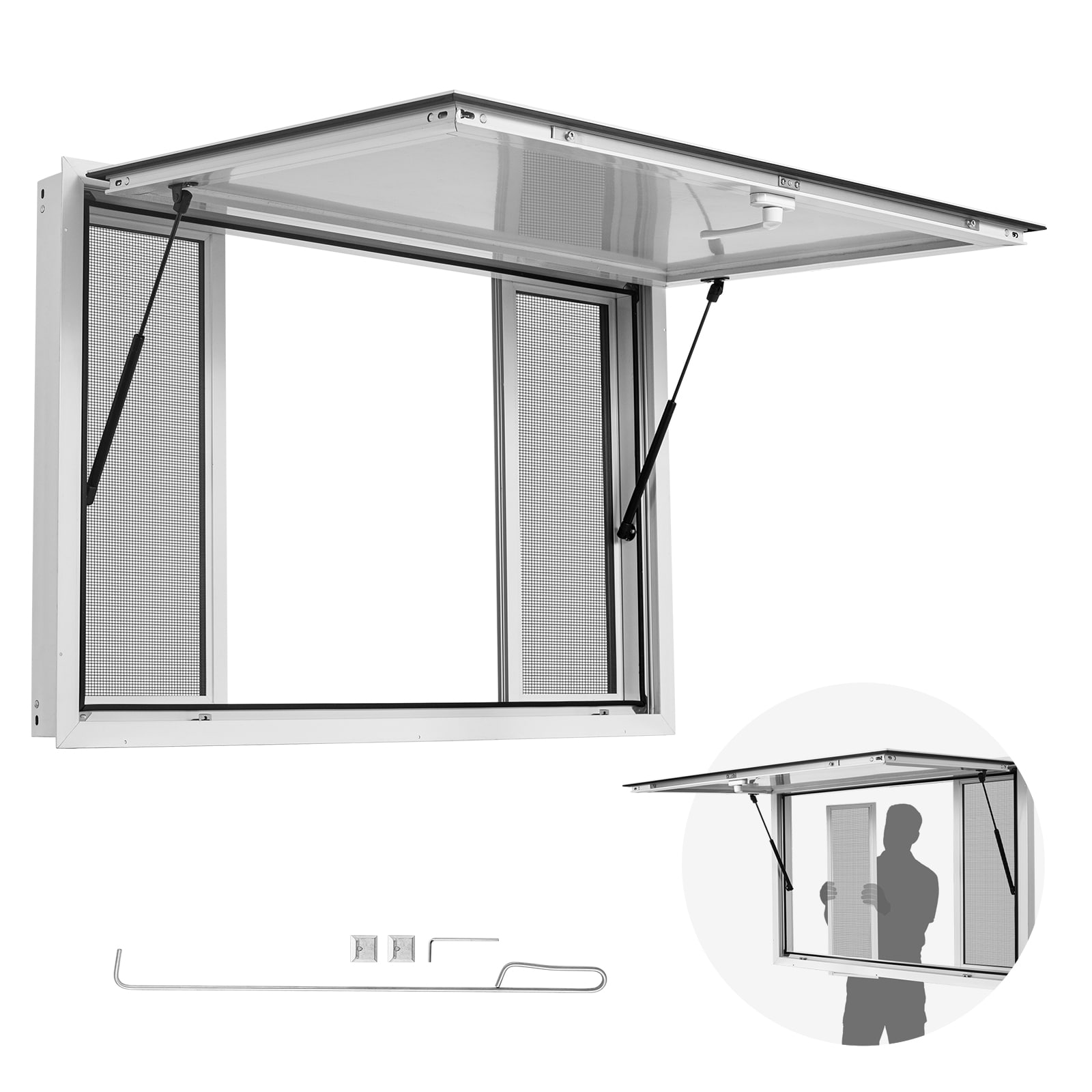 VEVOR Concession Window 45x30 in Aluminum Alloy Service Window  for Food Truck  Up to 85 Degrees Stand Serving with 4 Sliding Screen Windows  Awning Door and Drag Hook  Rainwater Resistant