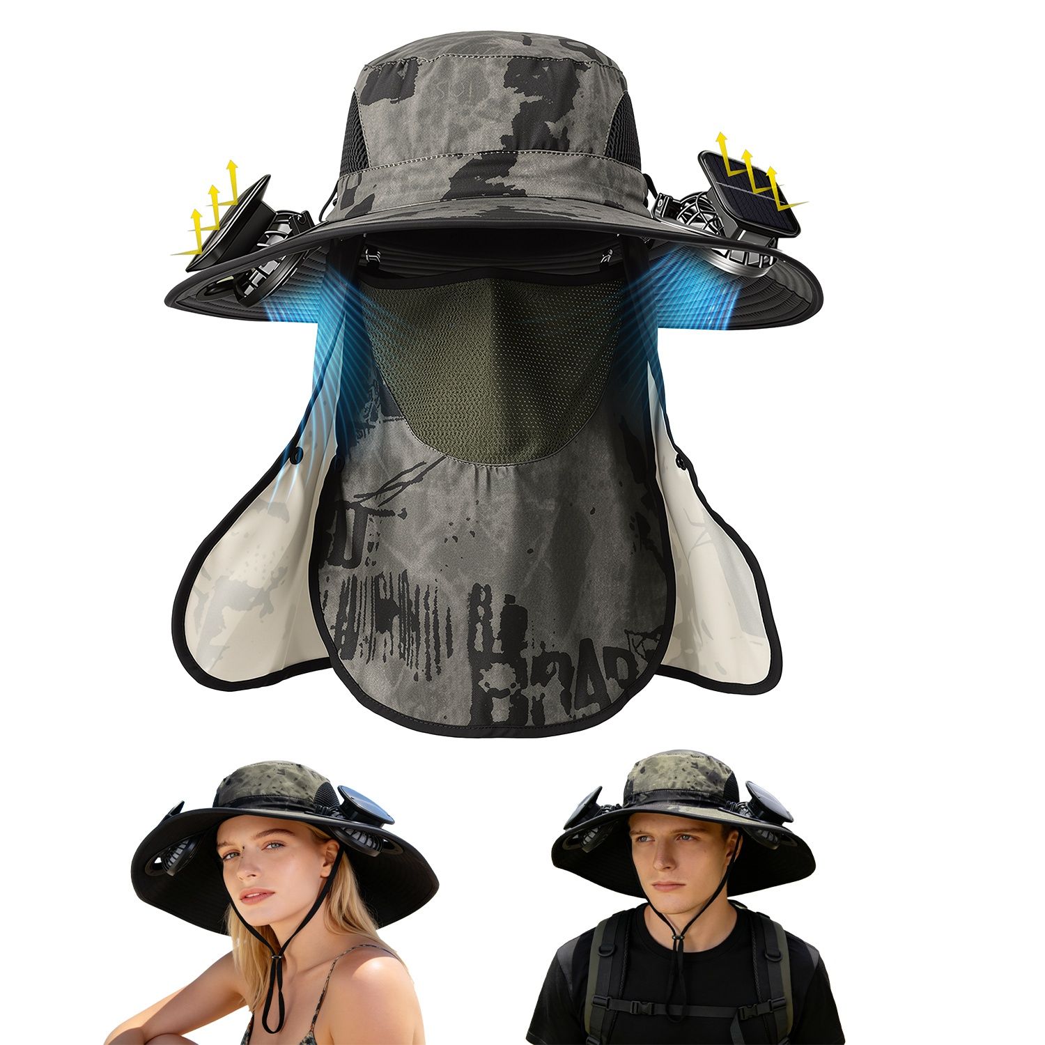WOQWOQ 2 In 1 Solar Fan Hat UPF50+ Unisex Wide Brim Fishing Hat Face Cover Neck Flap USB Solar Charging Outdoor Work Army Green Ink