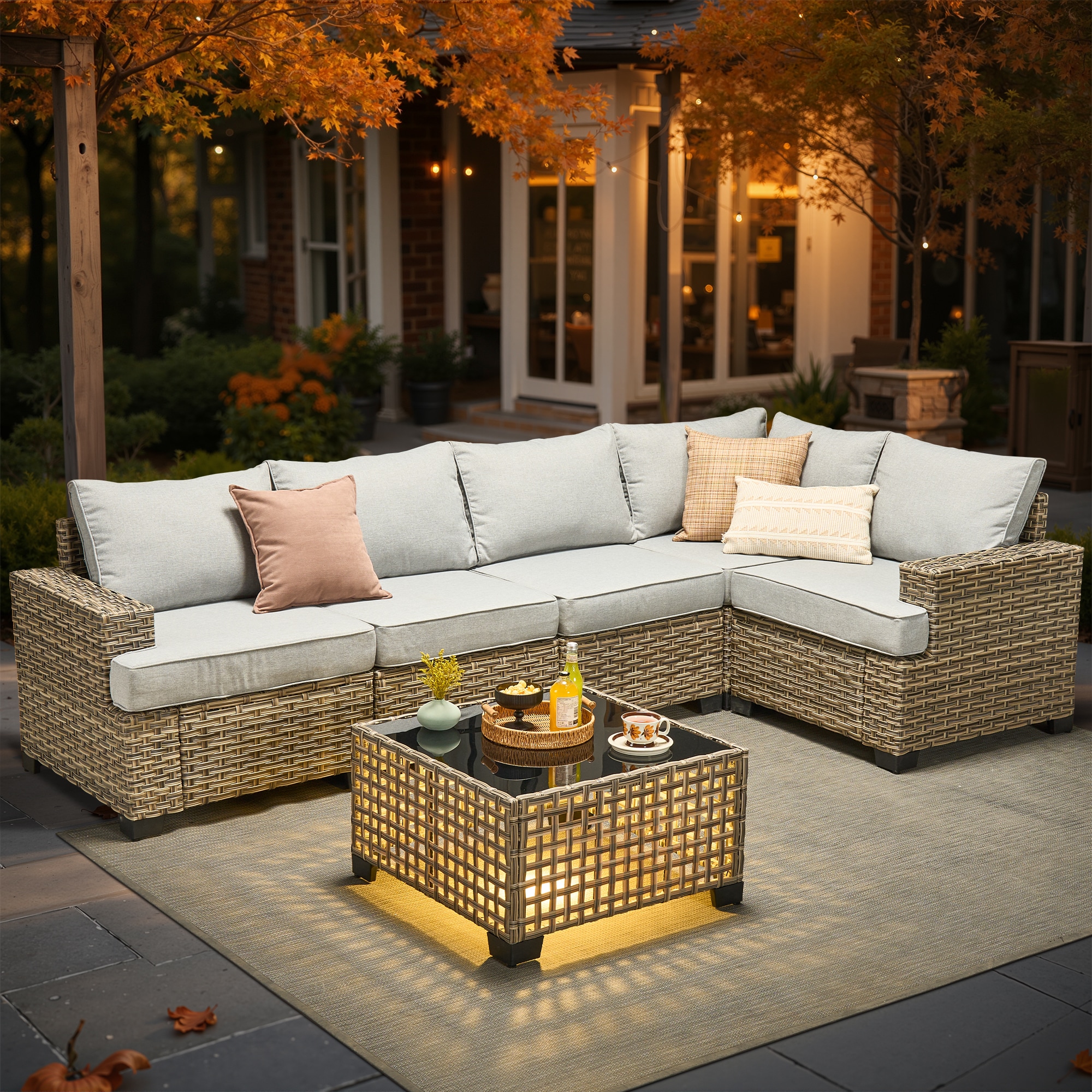 XIZZI XITBS4062A Agate Rattan Outdoor Sectional with Light gray Cushions and Steel Frame