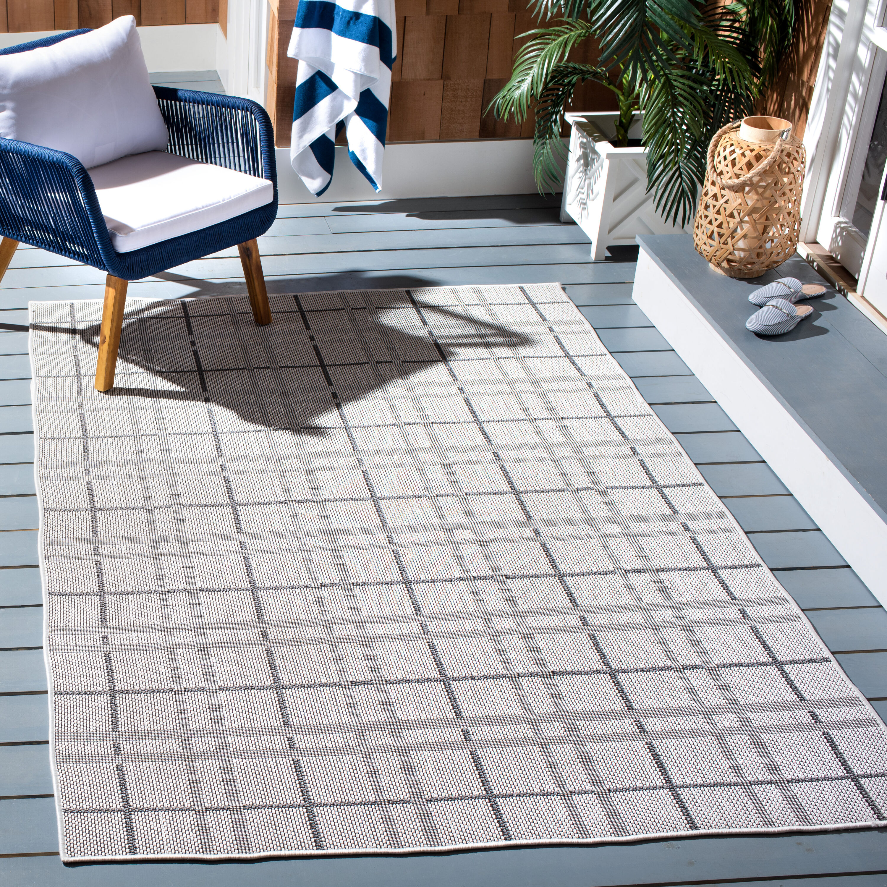 Ivory and Grey Square Synthetic Indoor/Outdoor Rug