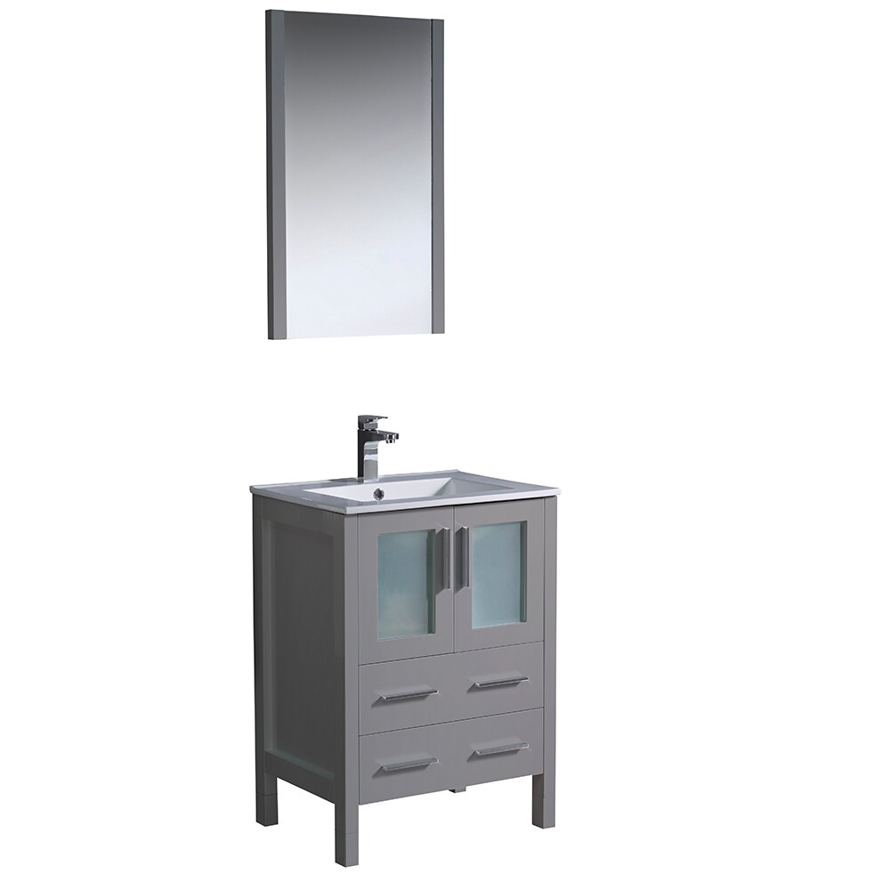 Gray Ceramic and Engineered Wood Single Vanity Set with Mirror