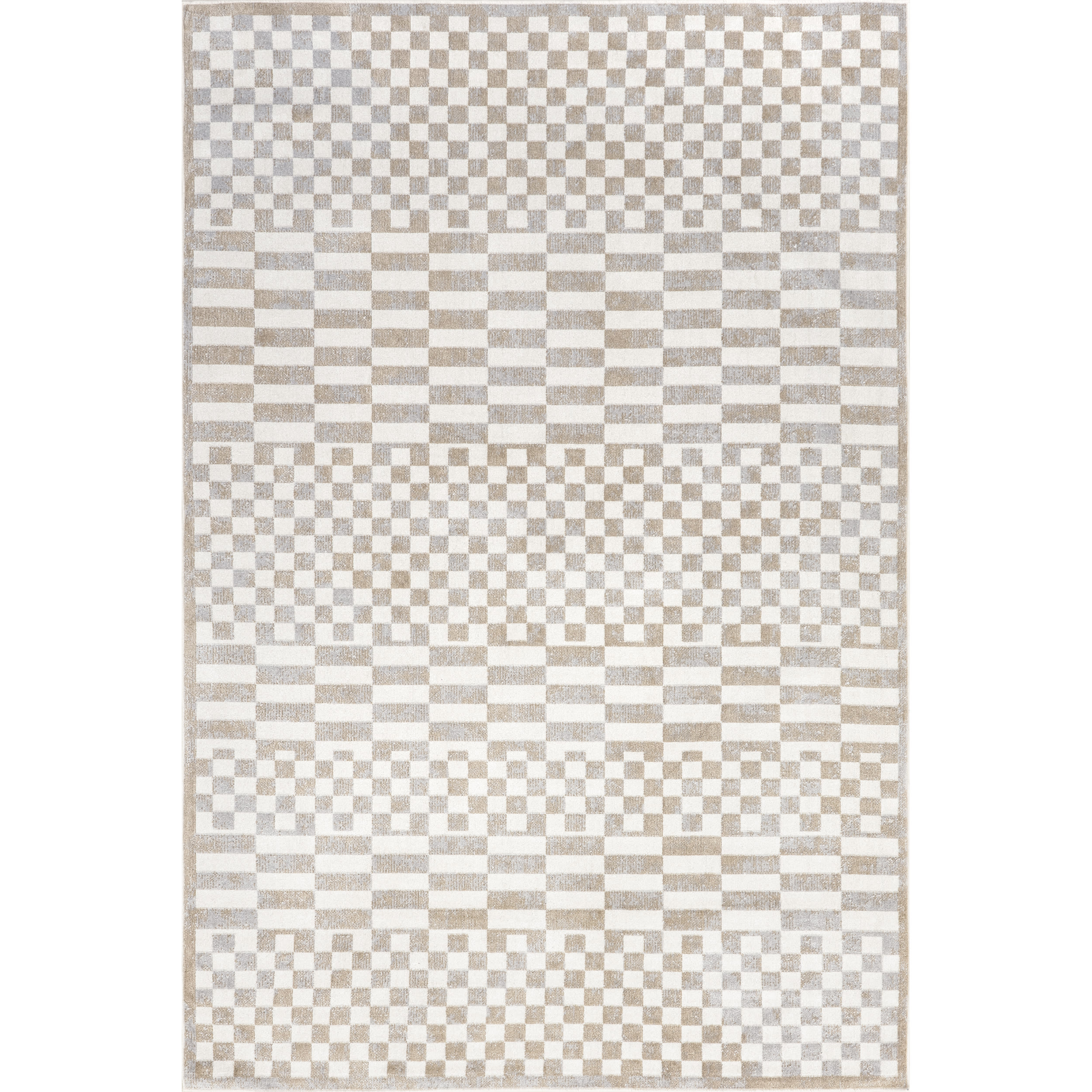 Beige and White Geometric 4' x 6' Washable Area Rug