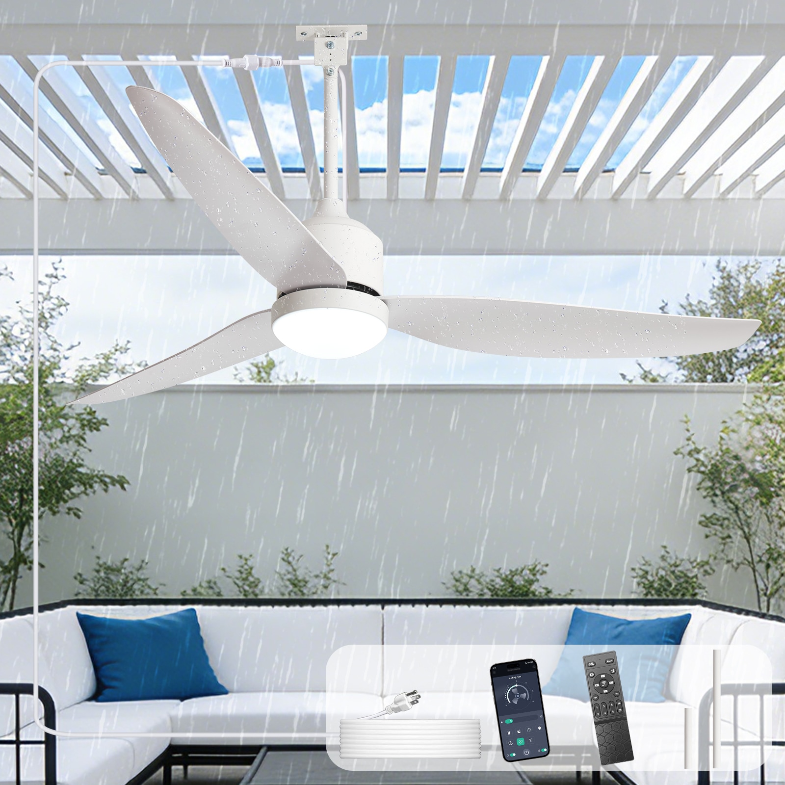 Dovanpaul 52 Inch White Outdoor Waterproof Ceiling Fan with Light Plug-in Remote and App Dual Control 6-Speed Reversible DC Motor for Indoor Outdoor Farmhouse Patios Gazebo Porch