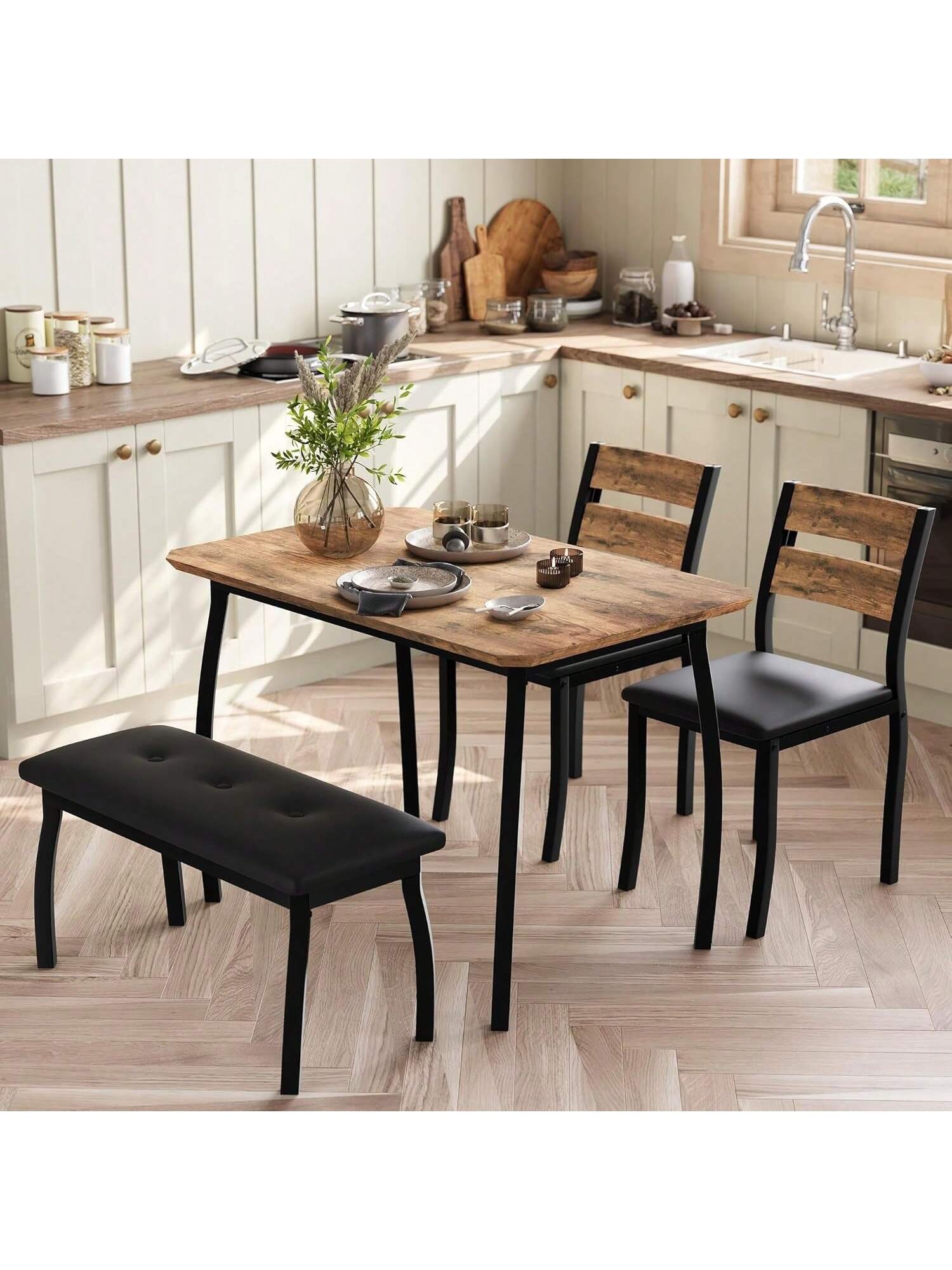 Qeetex BY-PHK-33WUNAXL Home Dining Table Set For 4 Wooden Kitchen Table With Upholstered Bench and 2 Cushion Chairs Space Saving Dinette Set For Studio Kitchen Dining Room Apartment 43x28x30inch