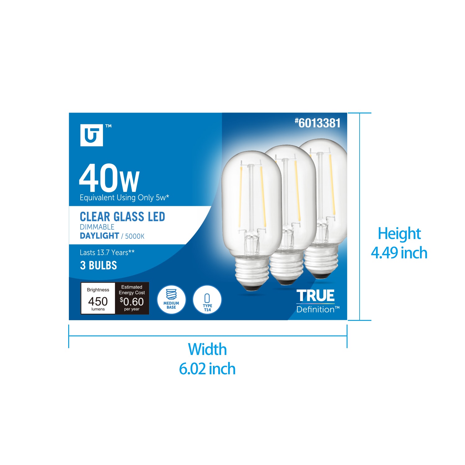 Utilitech True Definition 40 Watt Eq T14 Daylight E26 Dimmable Led General Purpose Light Bulb 3